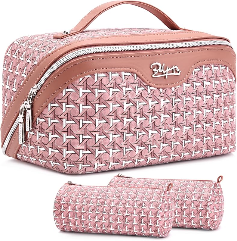 Necessaire de maquiagem BOYATU com 3 unidades, organizador de viagem em poliéster com divisórias, estojos removíveis e zíper, M-79Pink