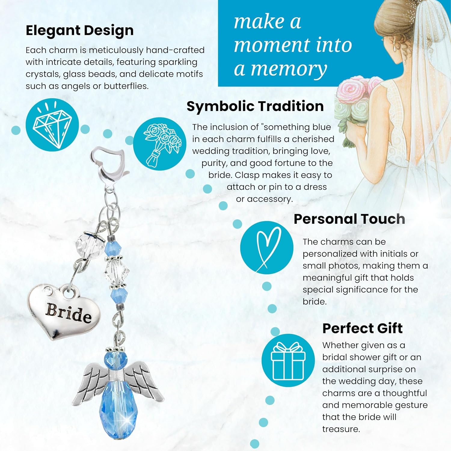 Gutsy Goodness Something Blue Angel Charms Wedding Day Gifts for Bride, Handmade Angelic Rhinestone Silver Finish Teardrop Bouquet Decoration | Jewelry Travel Pouch Message Card Set, Bridal Shower - Image 7