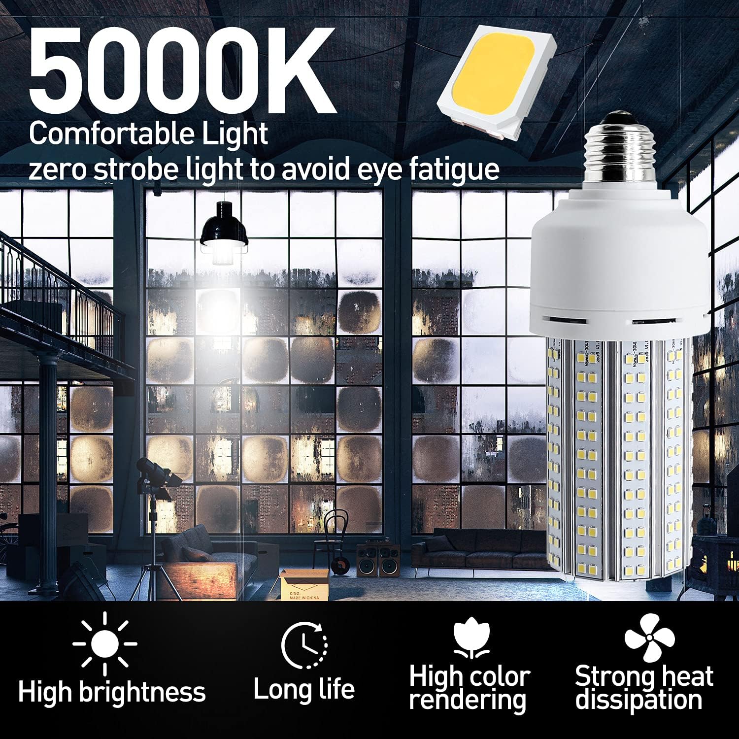 2 Pack LED Corn Light 600W Equivalent LED Corn Bulb 7500 Lumen 60W Large Area Cool Daylight White E26/E27 Medium Base for Garage Backyard Bedroom Warehouse Factory Workshop Street