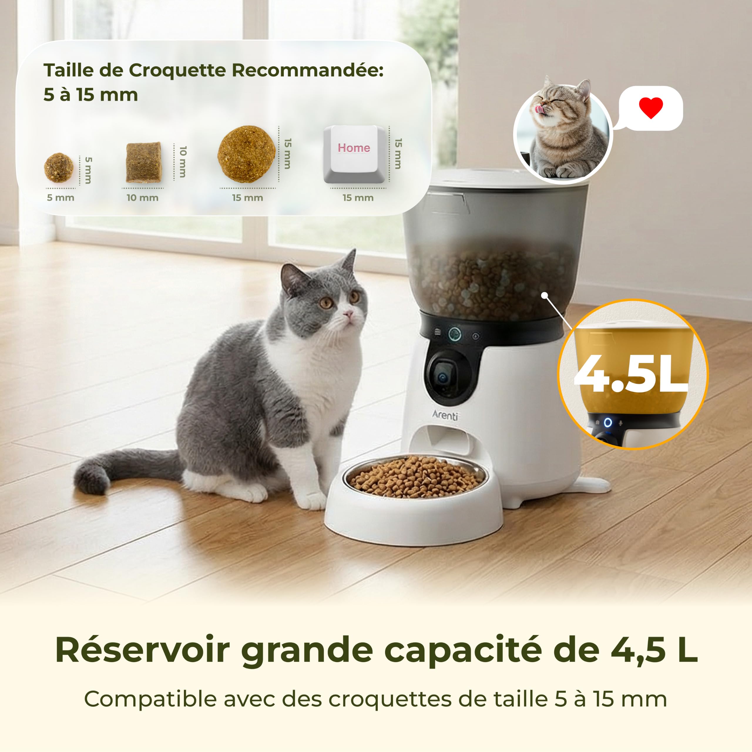 Distributeur Automatique pour Chat/Chien avec caméra 2K, Wi-FI 5G, 4L, Programmation, capteurs Faible Niveau & Blocage, Audio 2 Voies, Vision Nocturne, alertes aboiement & Mouvement