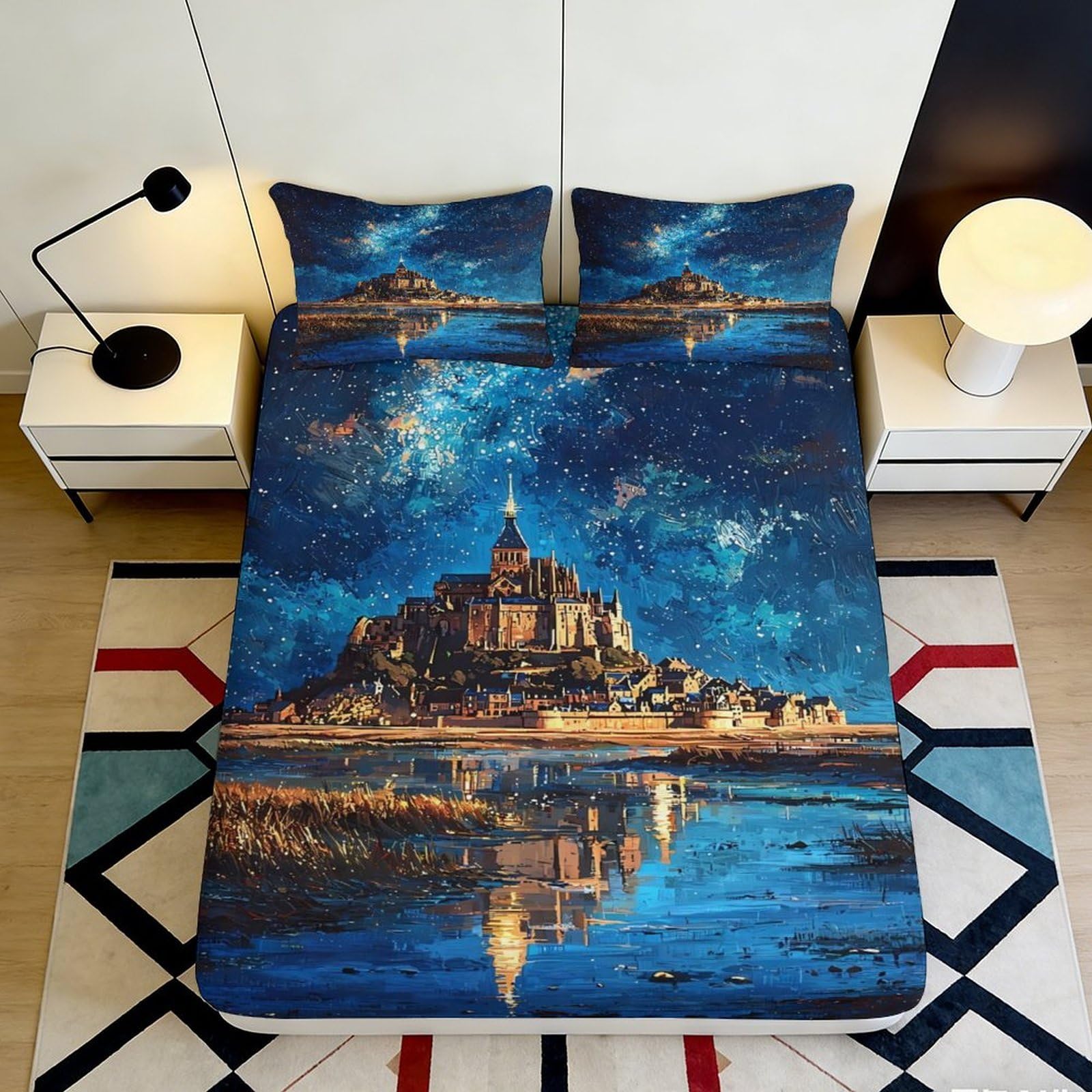 3D Printed Night Castle Fitted Sheet Microfiber Artistic Bed Cover Starry Sky Mattress Cover for Bedroom Decor 90x200x25cm