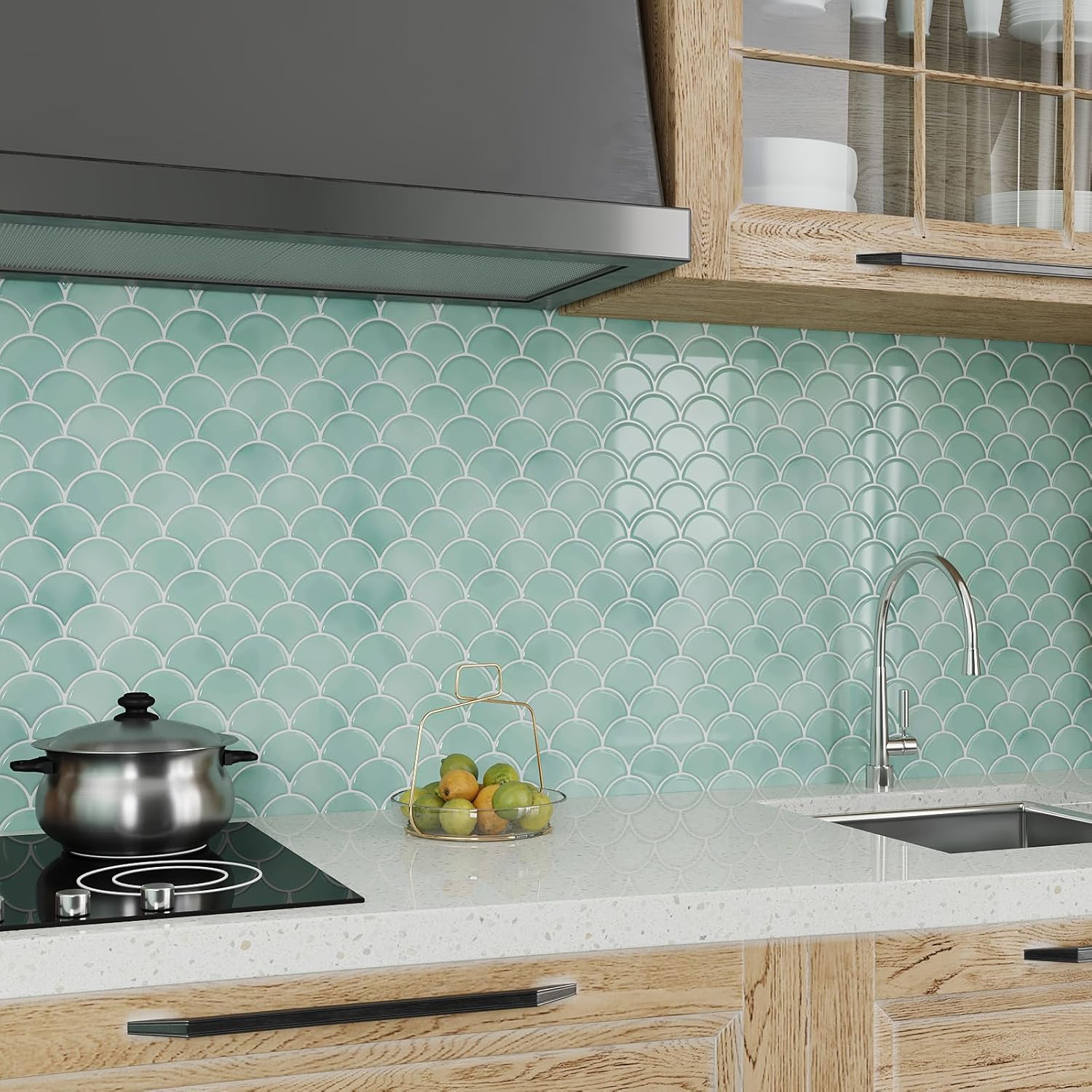 VEELIKE Green Mermaid Scale Peel and Stick Backsplash for Kitchen 12 Sheets Light Green Back Splash Stick on Tiles for Bathroom Wall Waterproof Renter Friendly Green Backsplash Tile Sticker 12''x12''