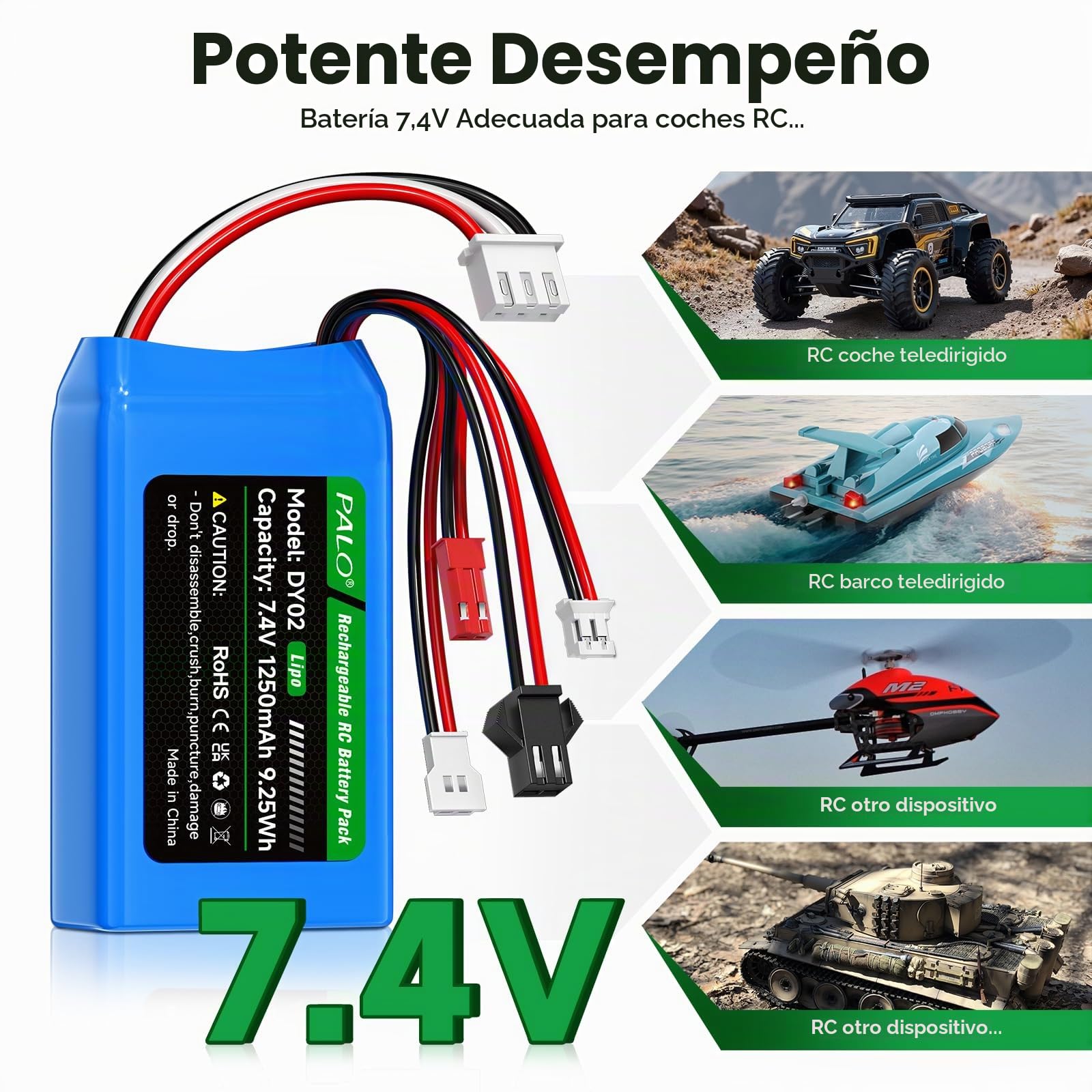 Batería Lipo 7,4 V 1250mAh PH2.0/JST/SM-2P/MX2.0 batería 25C, Enchufe Equilibrio XH2.54-3P y Cargador USB, para WLtoys RC Crawler SCX24 CR18P FCX18 FCX24, para Coche RC Avión, 2 Piezas