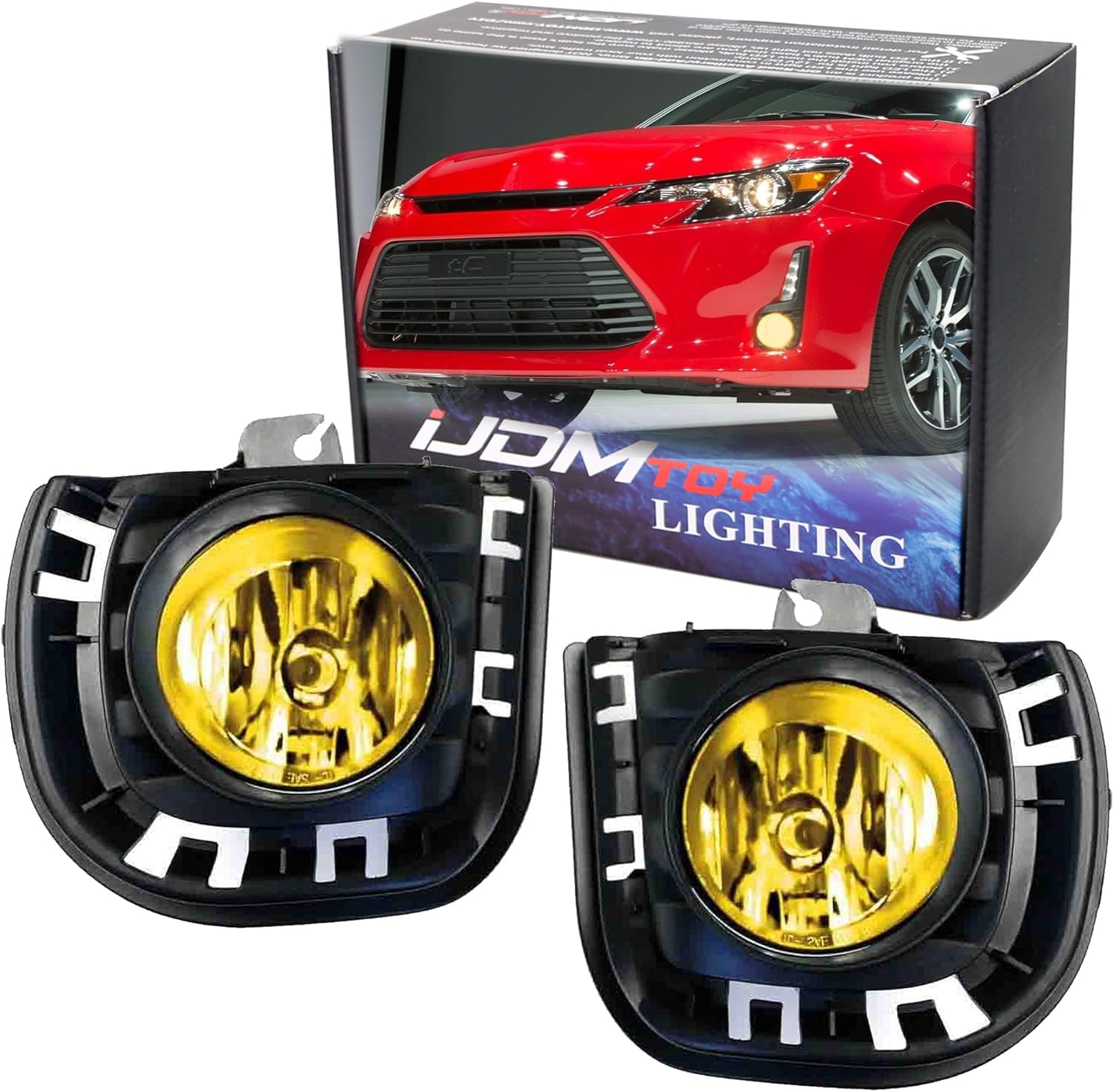 iJDMTOY Complete Set JDM Yellow Lens Fog Lights Foglamps w/ H11 Halogen Bulbs, Garnish Bezel Covers, Wiring On/Off Switch Compatible With 2014-2016 Scion tC