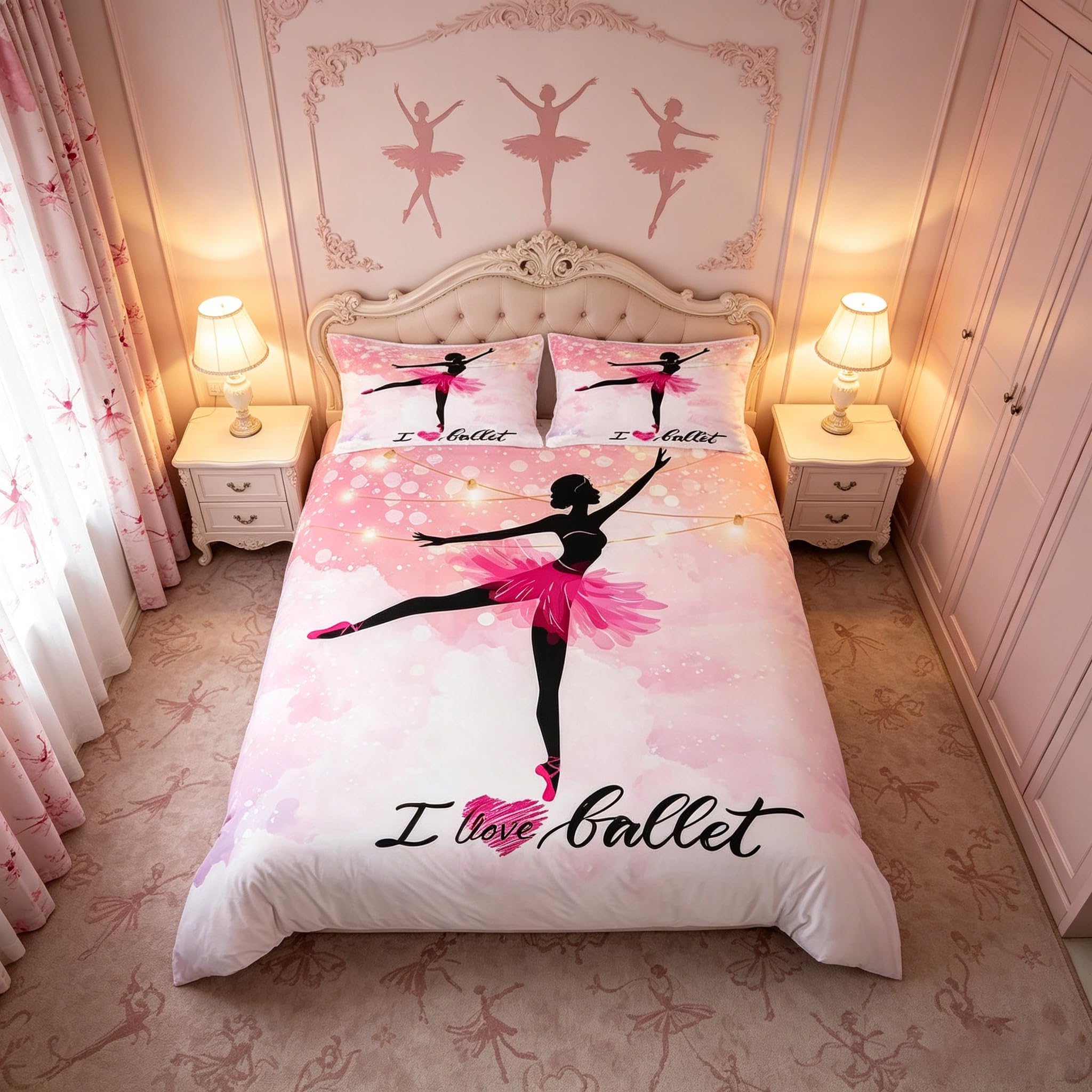 Manfei Girls Multi 03 Ballerina Duvet Cover Set Double Size, Cute Ballet Dancer Comforter Cover With 2 Pillowcases, Performing Arts Bedding Set 3Pcs For Kids Teens Bedroom Decor, Pink Glitter Bedspread Cover