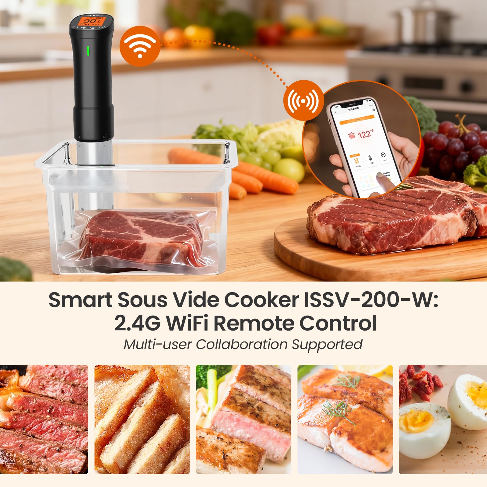 WiFi Sous Vide Cooker 2.4G, 1000W, APP Control, 1°F Accuracy | Sous Vide Machine ISSV-200-W with 18 Preset Recipes, 100-Hour Timer, Temperature Calibration&Alarm, Ultra-Quiet Fast Heating
