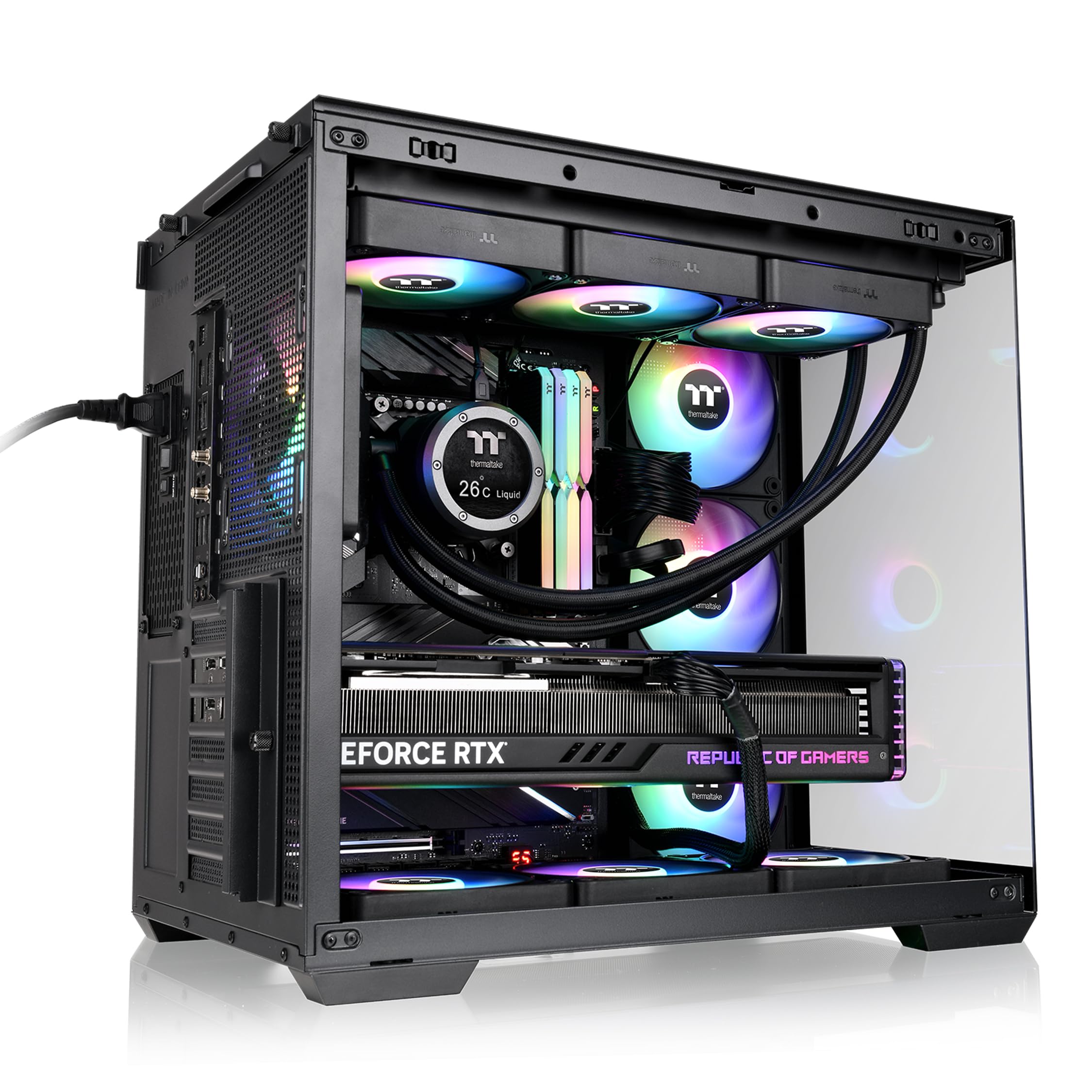 Thermaltake View 380 WS ARGB; chasis de Torre Media; moldura Lateral de Madera; Ventiladores ARGB Lite de 4 x 120 mm incluidos; Espacio de GPU de 415 mm; cámara Dual; ATX/mATX/mITX; Soporte de