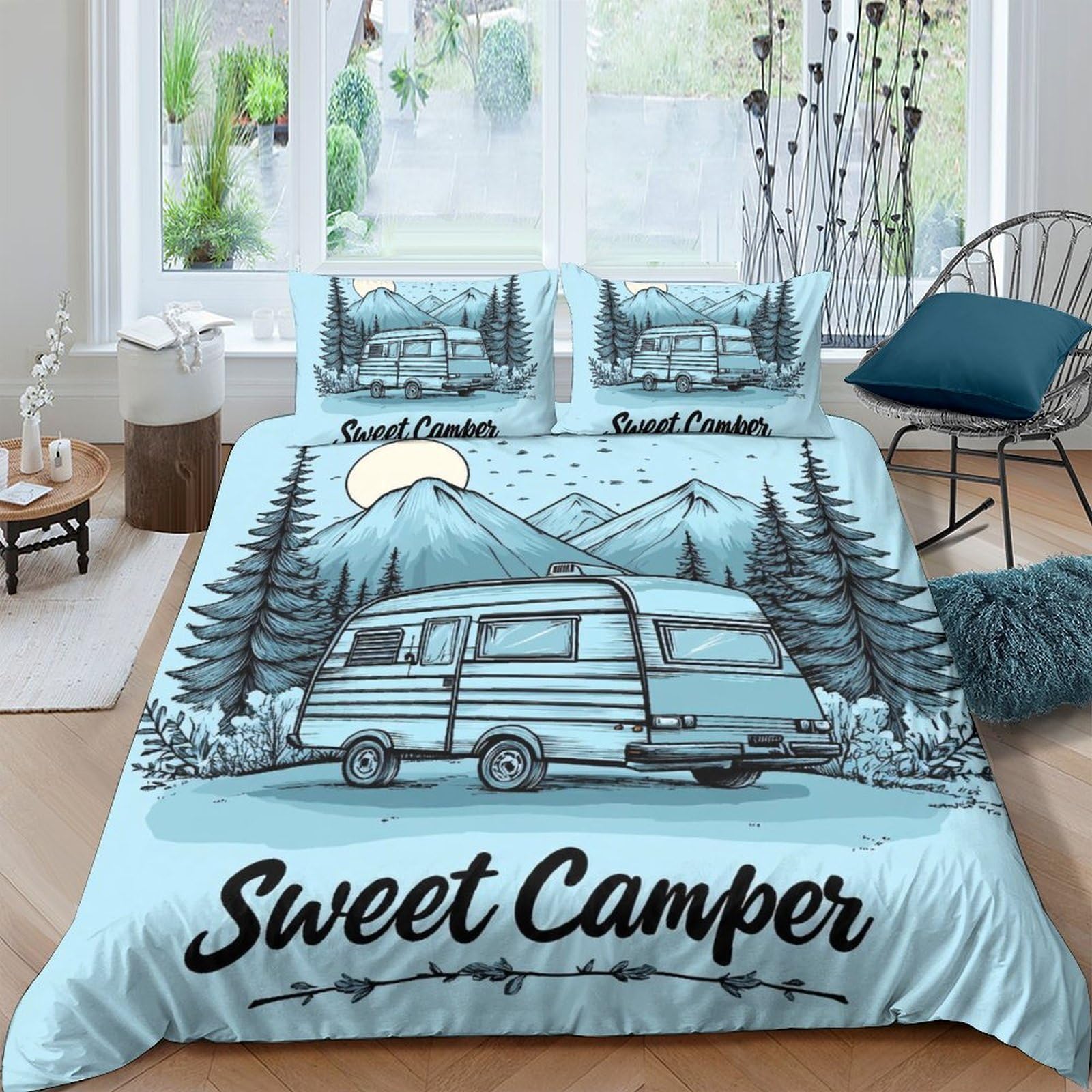 Ctjqhvkz Style-9 3D Printed Camper Van Fitted Sheet Microfiber Blue Forest Mountain Bed Cover For Bedroom Guest Room Decor Single（135X200cm）