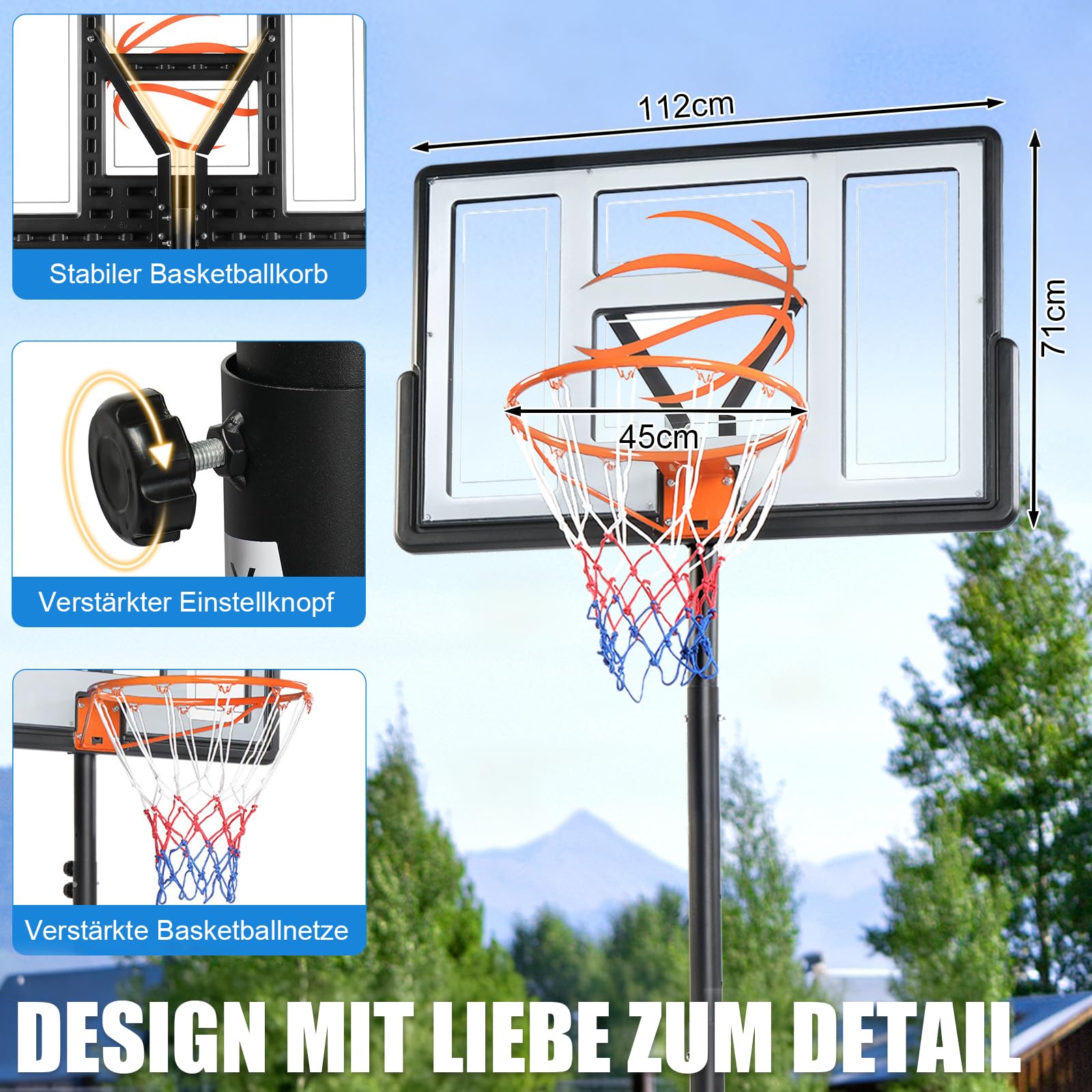 Basketballkorb Outdoor mit Ständer & Rollen, 135-305 cm Höhe, Basketball für Erwachsene & Kinder, Basketballständer Höhenverstellbarer für Garten und Hof