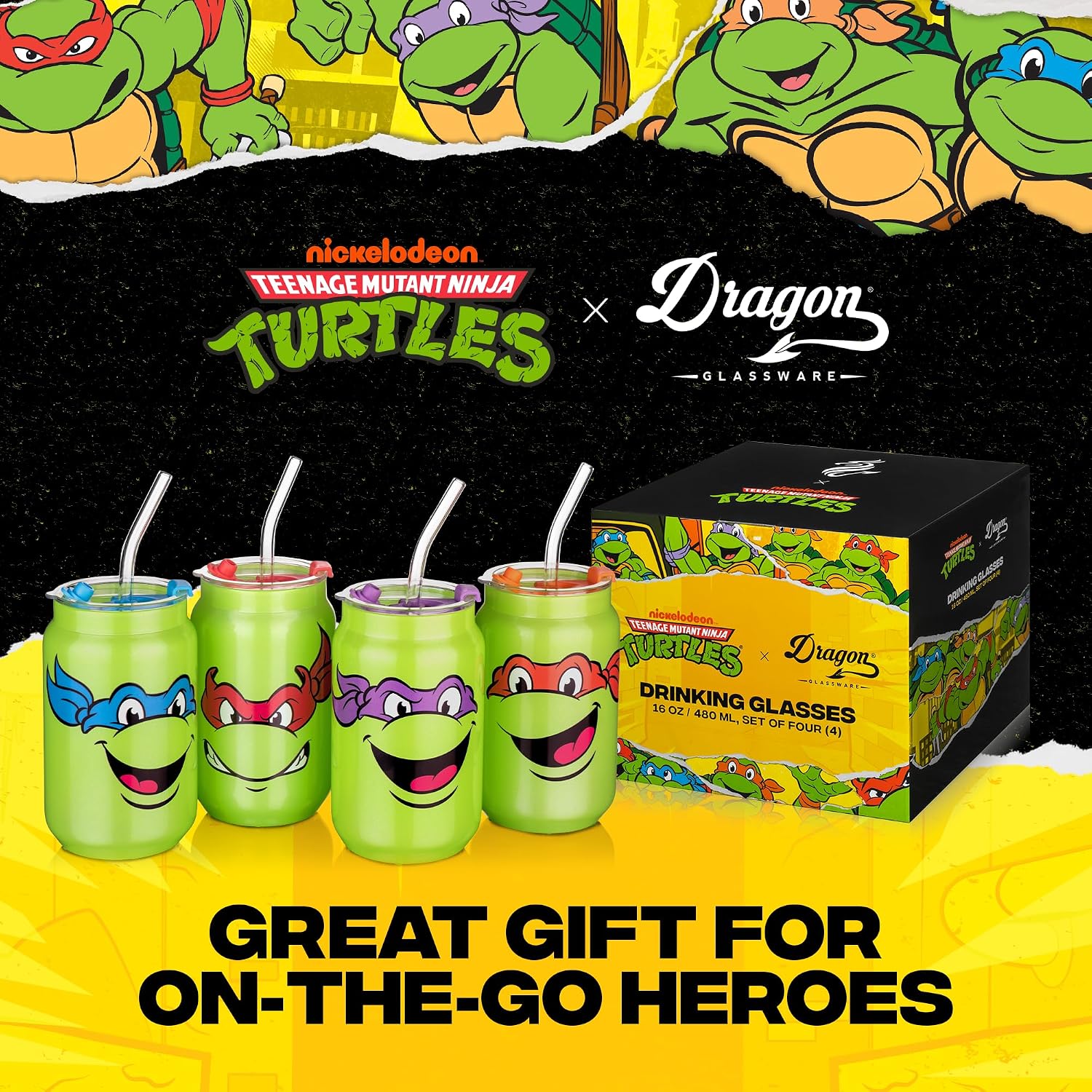 Dragon Glassware x Teenage Mutant Ninja Turtles Glass Cups, 16 oz Set of 4