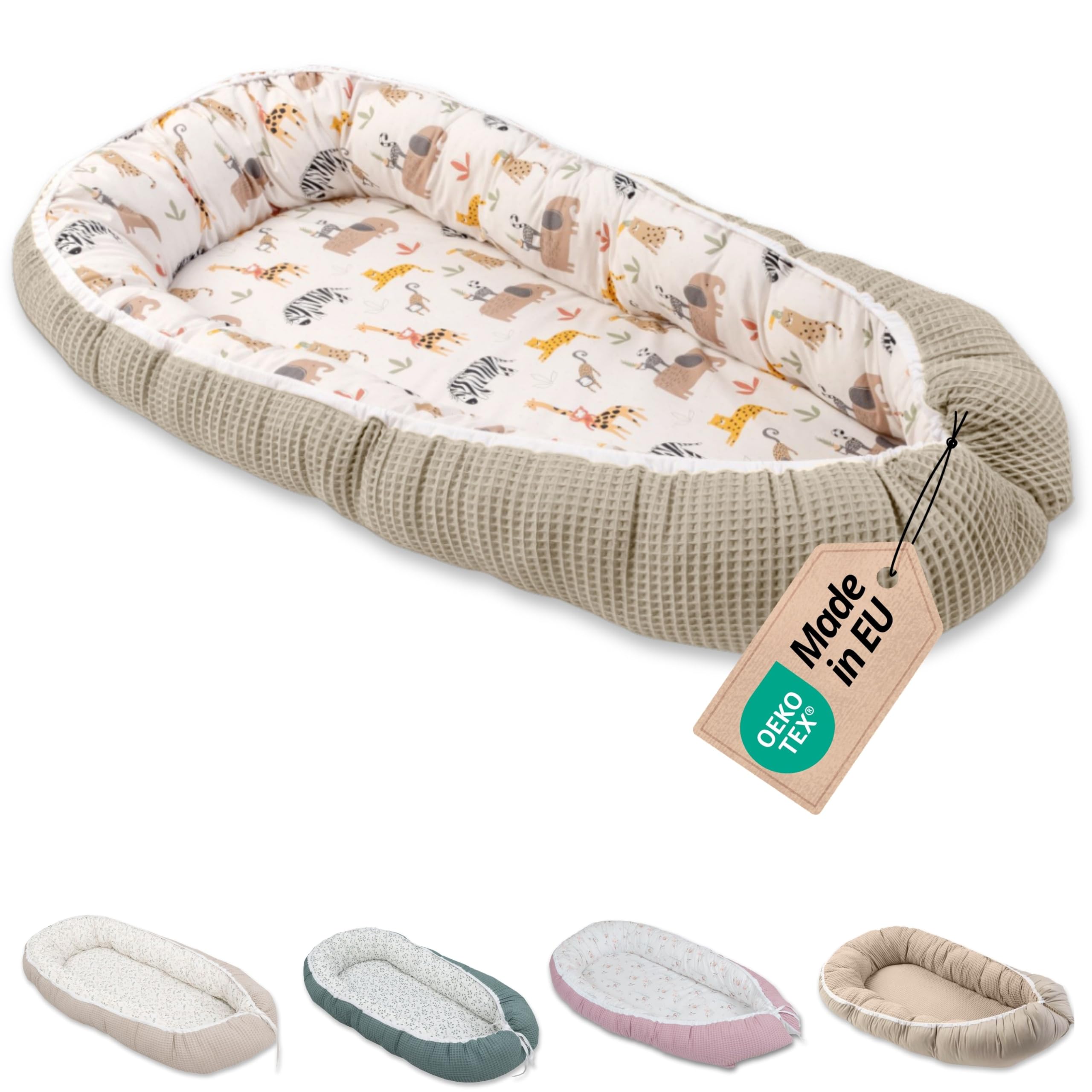 Réducteur lit bébé ULLENBOOM Sable Savane - 95x55 cm - Nid d’ange bébé Öko-Tex et fabriqué dans l'UE - motif baleines bleues – en coton douillet, convient comme lit de voyage ou cale bébé