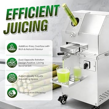 Commercial Sugar Cane Juicer Machine, 3-Roller Electric Sugarcane Juice Extractor, Stainless Steel Sugar Cane Machine with Wheels, Peelers & Tools for Home & Business