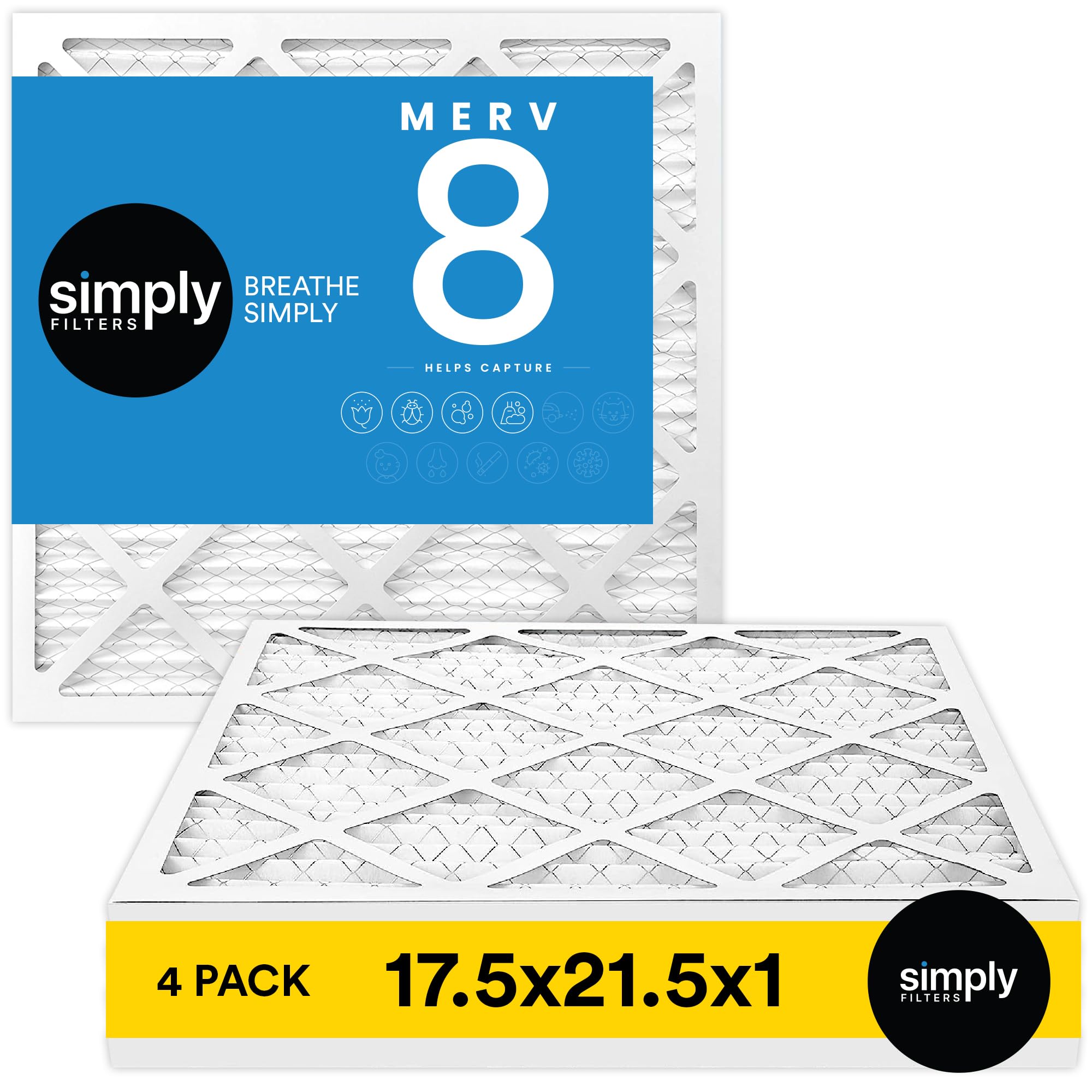 Simply 17.5x21.5x1 Air Filter, Merv 8, 4 Pack, For Home AC Furnace & HVAC (Actual Size: 17.5x21.5x0.75") DUST, Pet, & Allergy Control