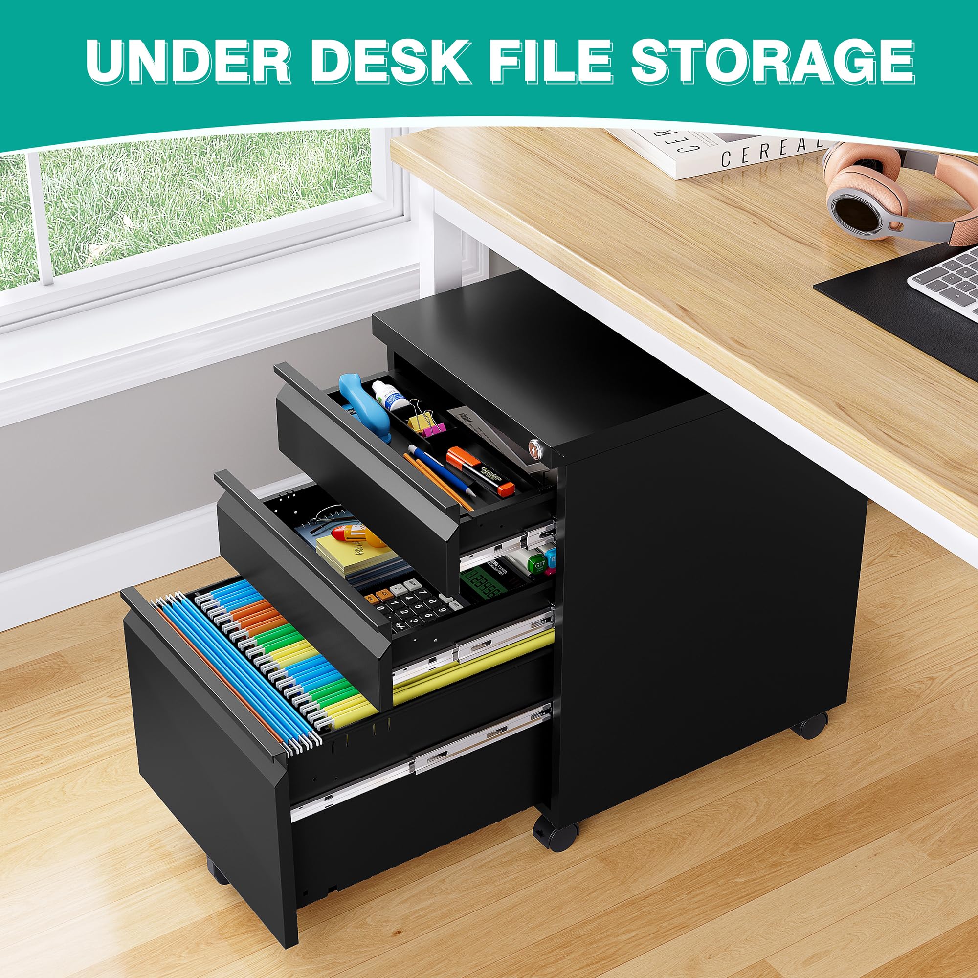 Archivador de 3 cajones con cerradura, archivador debajo del escritorio con ruedas, archivadores rodantes negros, archivador de metal de tres cajones para oficina en casa, apto para archivos A4/carta