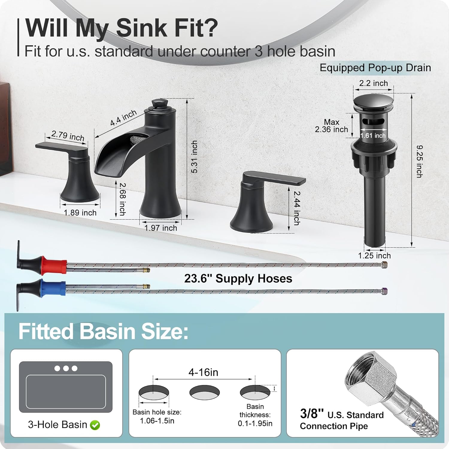 Matte Black Bathroom Faucet 3 Hole, Brass 8 Inch Bathroom Sink Faucet Waterfall, 2 Handles Widespread Basin Tap with Pop-up Drain & Supply Hose for Vanity, Farmhouse, Restroom Sink