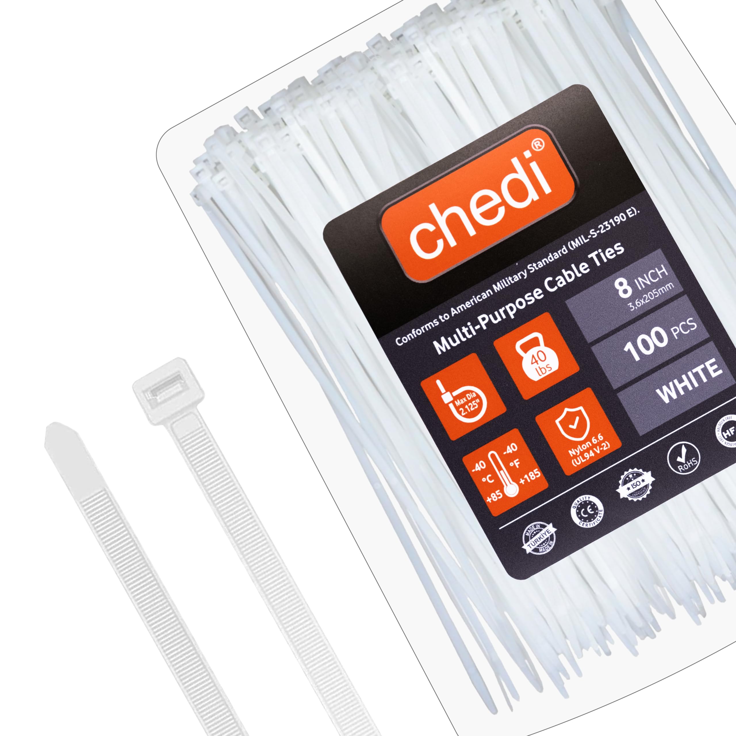CHEDI Cable Zip Ties 8 Inch White, 100 Pack, Multi-Purpose, Clear Cable Ties 40 lbs Tensile Strength, Natural Cable Tie Wraps, Self-Locking, Premium Plastic Ties, Indoor and Outdoor Use