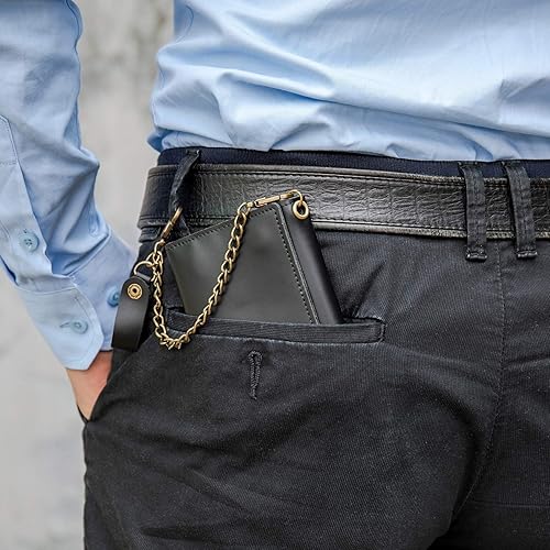 Miniatura 6 de NIUCUNZH Cartera pequeña de cuero genuino para hombre con cadena con ventana de identificación y bolsillo con cremallera, bloqueo RFID, Negro -,