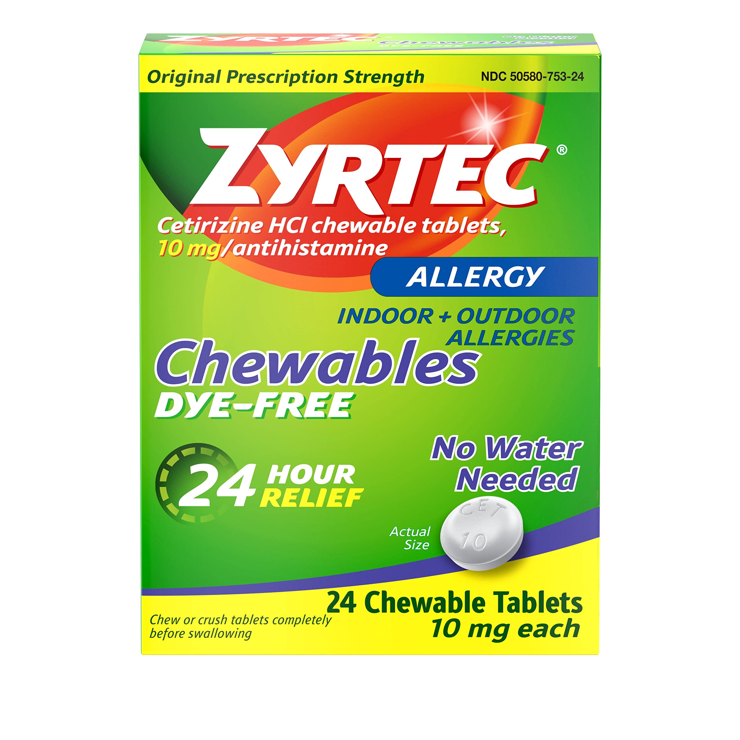Zyrtec 24 Hour Allergy Relief Chewable Tablets with 10 mg Cetirizine HCl