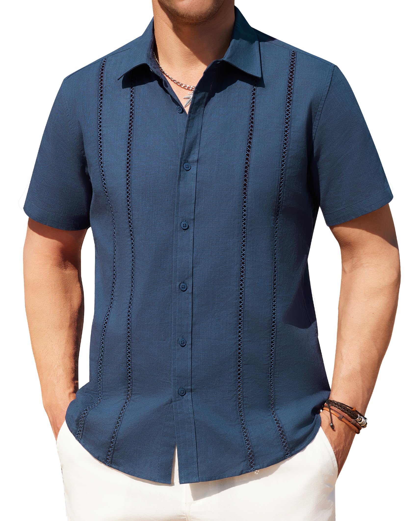 Alimens & Gentle Men's Cuban Guayabera Shirts Cotton Linen Short Sleeve Button Down Shirts Casual Summer Beach Camp Shirt