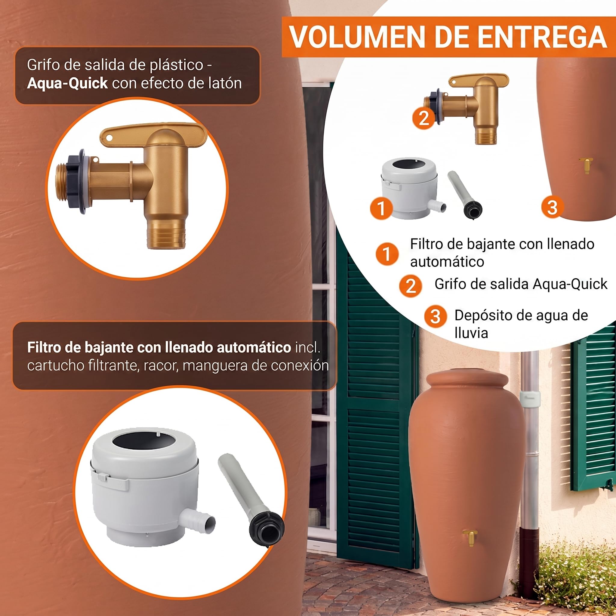 GARANTIA ánfora Set Completo 240 L Terracota Incl. Grifo de Salida de plástico y conexión al bajante
