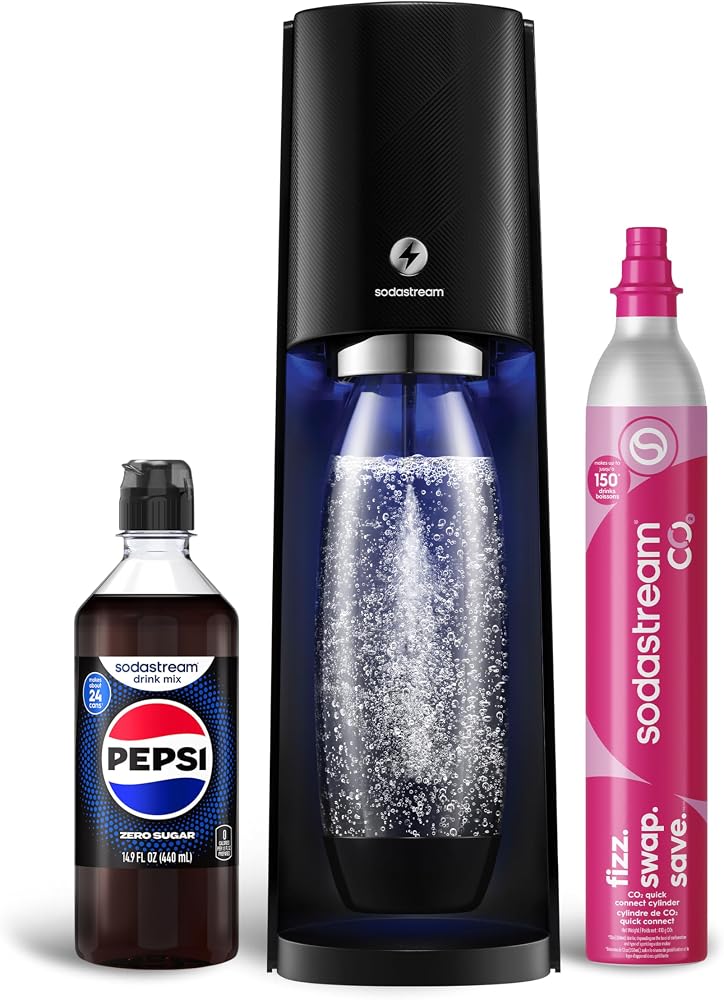 SodaStream - E-TERRA Soda Maker | STARTER KIT | 3 Automatic Carbonation Levels | Includes 1x CO2 Cylinder, 1x 32 Fl Oz Dishwasher Safe Bottle, 1x Pepsi Zero Sugar Mix, 1x Power Adapter | Black