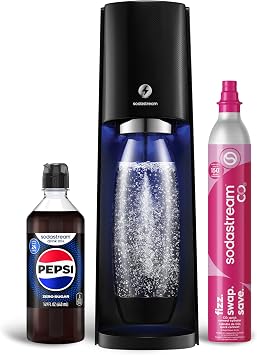 SodaStream - E-TERRA Soda Maker | STARTER KIT | 3 Automatic Carbonation Levels | Includes 1x CO2 Cylinder, 1x 32 Fl Oz Dishwasher Safe Bottle, 1x Pepsi Zero Sugar Mix, 1x Power Adapter | Black