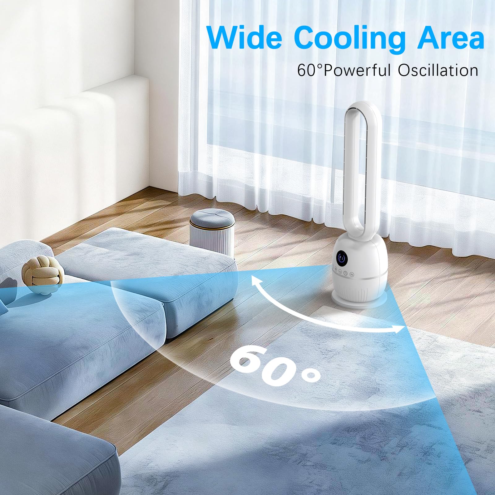 Ventilatore a Torre Senza Pale, 90CM Ventilatore Senza Pale, Motore DC, 12 Velocità, 12H Timer, Telecomando, Display LED, Oscillazione Automatica 60°