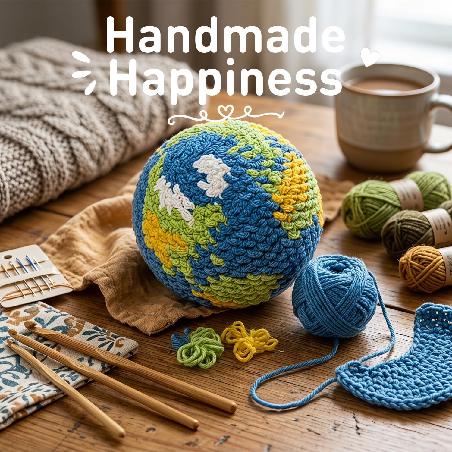 DIY Crochet Earth Globe Kit for Beginners – Handmade Amigurumi Planet Ball Craft Set with Yarn, Fiberfill, Keychain Strap & Instructions – Easy Beginner Crochet Decor and Pendant Gift for Adults