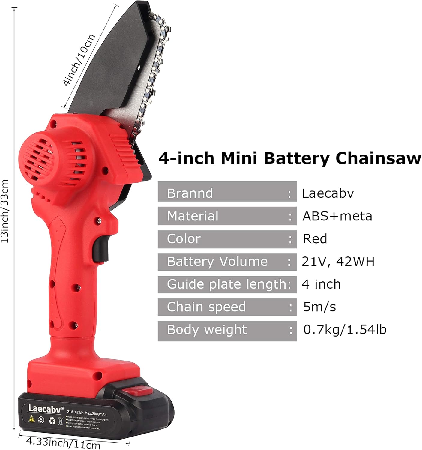 Laecabv NEW 2nd Generation of 4-Inch Mini Chainsaw, Cordless Battery-Powered Chain Saw with Protect Flip, Portable One-Hand Electric Pruning Saw 0.7kg Lightweight for Tree Branch Wood Cutting (Red)