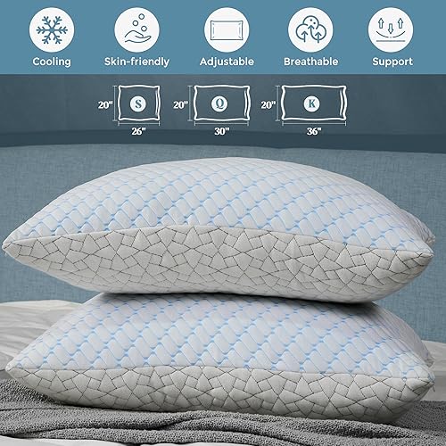 Miniatura 5 de WOLKI Juego de 2 almohadas de espuma viscoelástica de tamaño Queen, paquete de 2 almohadas refrescantes de espuma viscoelástica triturada, almohada