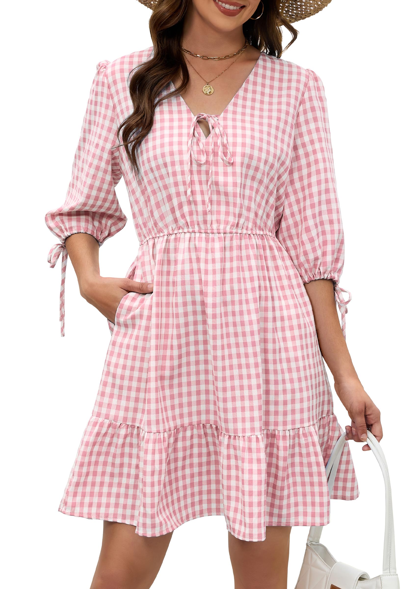 ECOWISH Mini Dress for Women Gingham 3/4 Sleeve V Neck Tiered Tie Front Global Recycled Standard Global Recycled Standard Global Recycled Standard