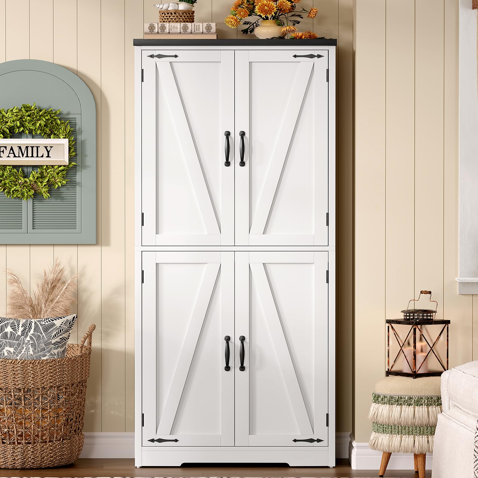 TEENFON Farmhouse Storage Cabinet with 2 Adjustable Shelves, Pantry Cabinet with 4 Barn Doors, Bathroom Cabinet, Cupboard for Kitchen, Living Room, Entryway, White - 5