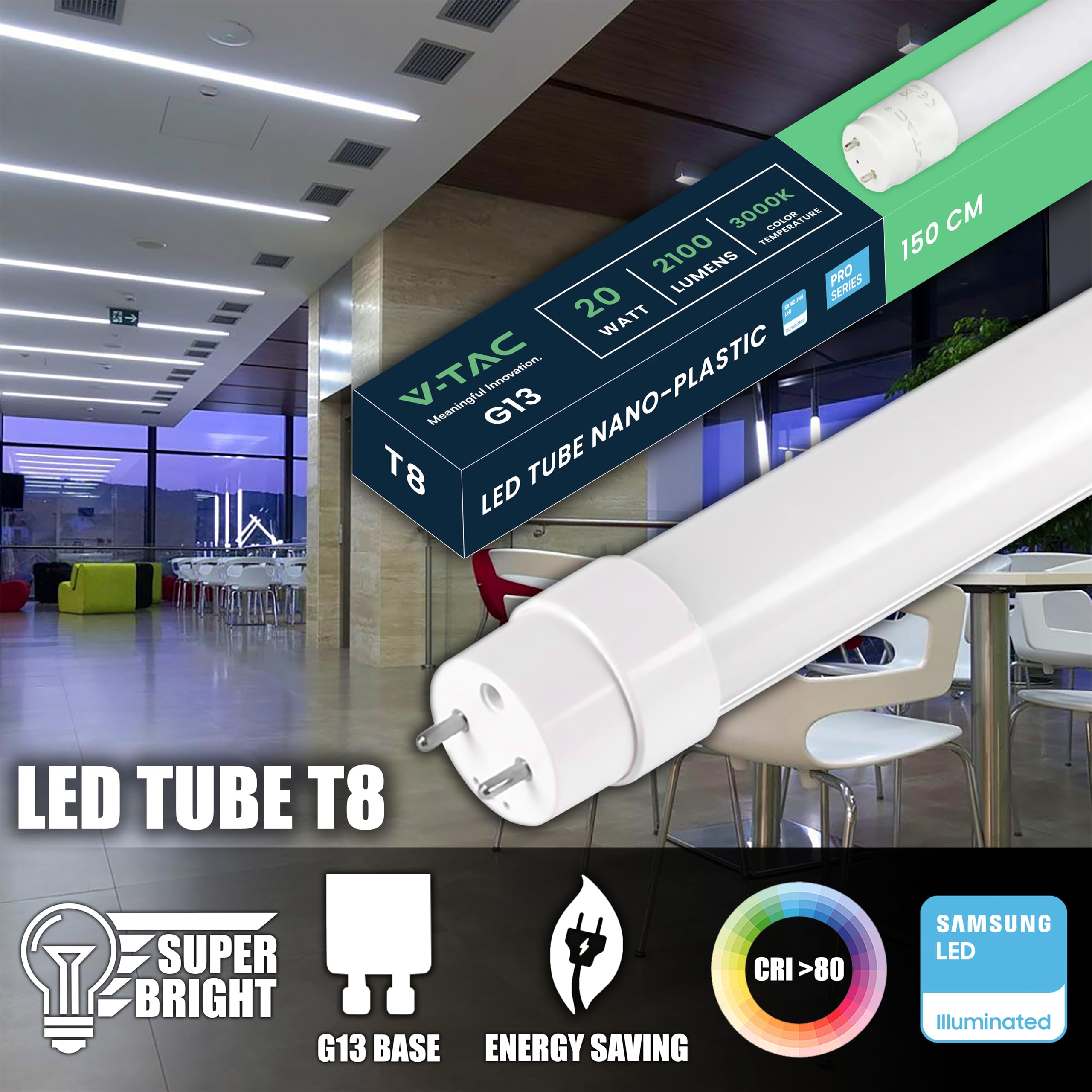 V-TAC 2x Tubo LED 150 CM - T8 G13-20W - 2100 Lúmenes - Chip Samsung - Tubos LED para Techo, Pared, garaje, Tienda - Tubo LED forma T8 - Sustitución de neón - Luz 3000K Blanco Cálido