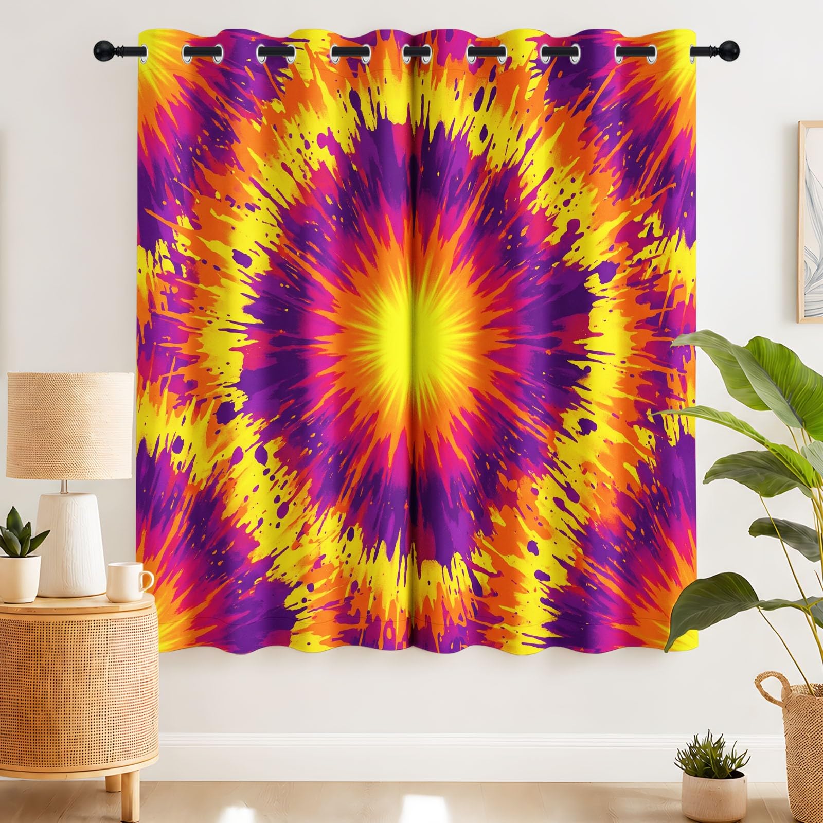 Zasłony zaciemniające z nadrukiem, psychodeliczne, 117 x 140 cm (2 panele) z abstrakcyjnym wzorem tie-dye, te zasłony zaciemniające zapewniają prywatność w sypialni