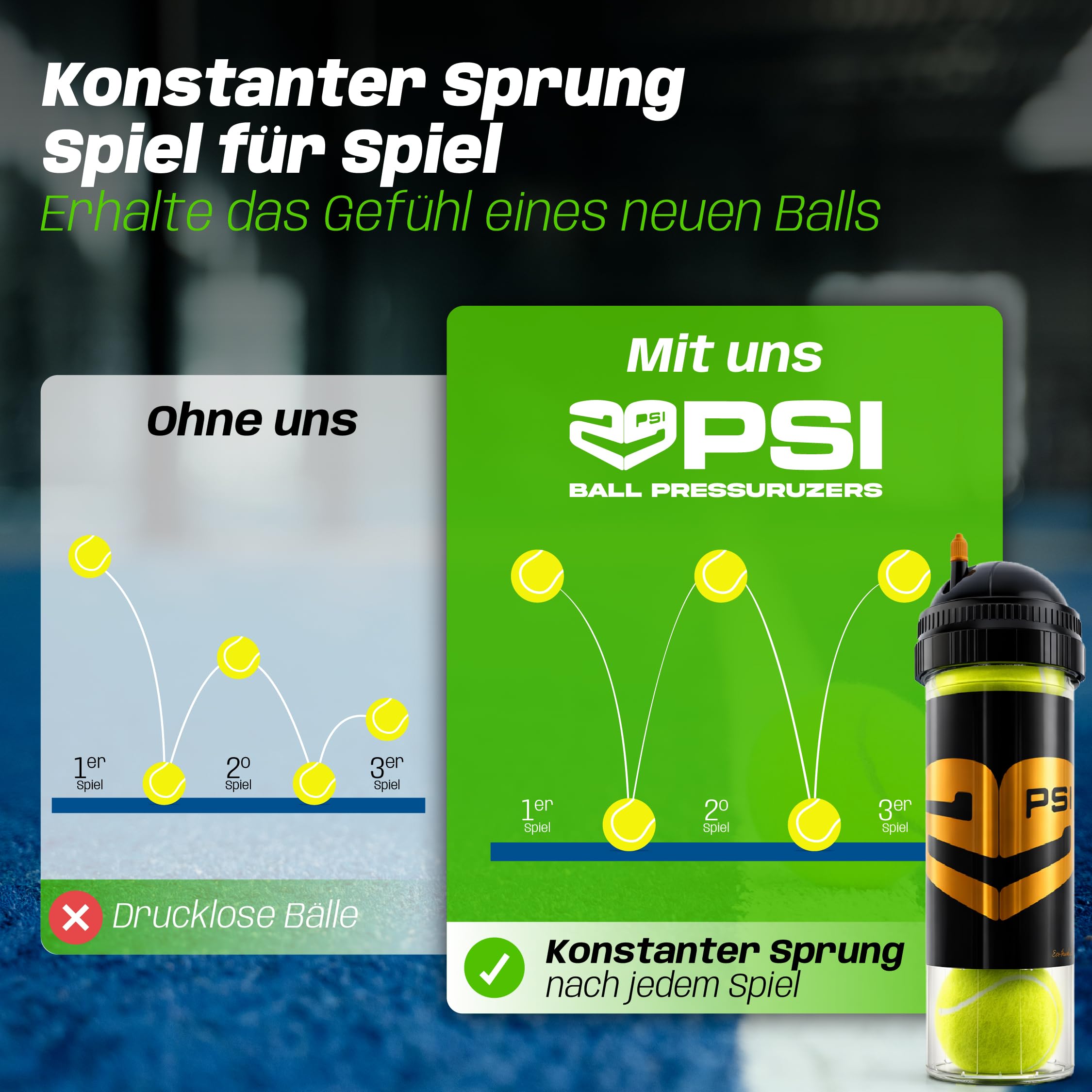 TUBOPLUS 29PSI - Padel- und Tennisballdrucker | Hält Druck und Sprungkraft | Luftdichter Behälter zur Verlängerung der Lebensdauer der Bälle