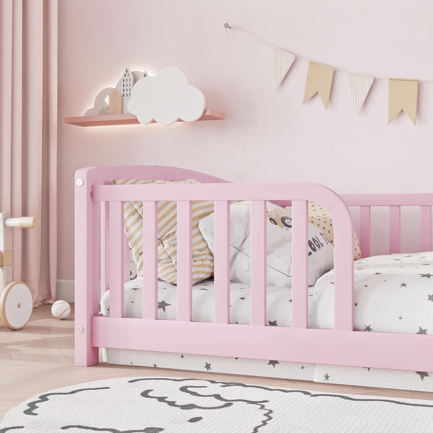 Bellemave Twin Montessori Floor Bed with Central Entrance and Full Surrounding Guardrails, Low Pine Wood Twin Floor Bed Frame for Girls, Boys, No Box Spring Needed, No Slats, Pink