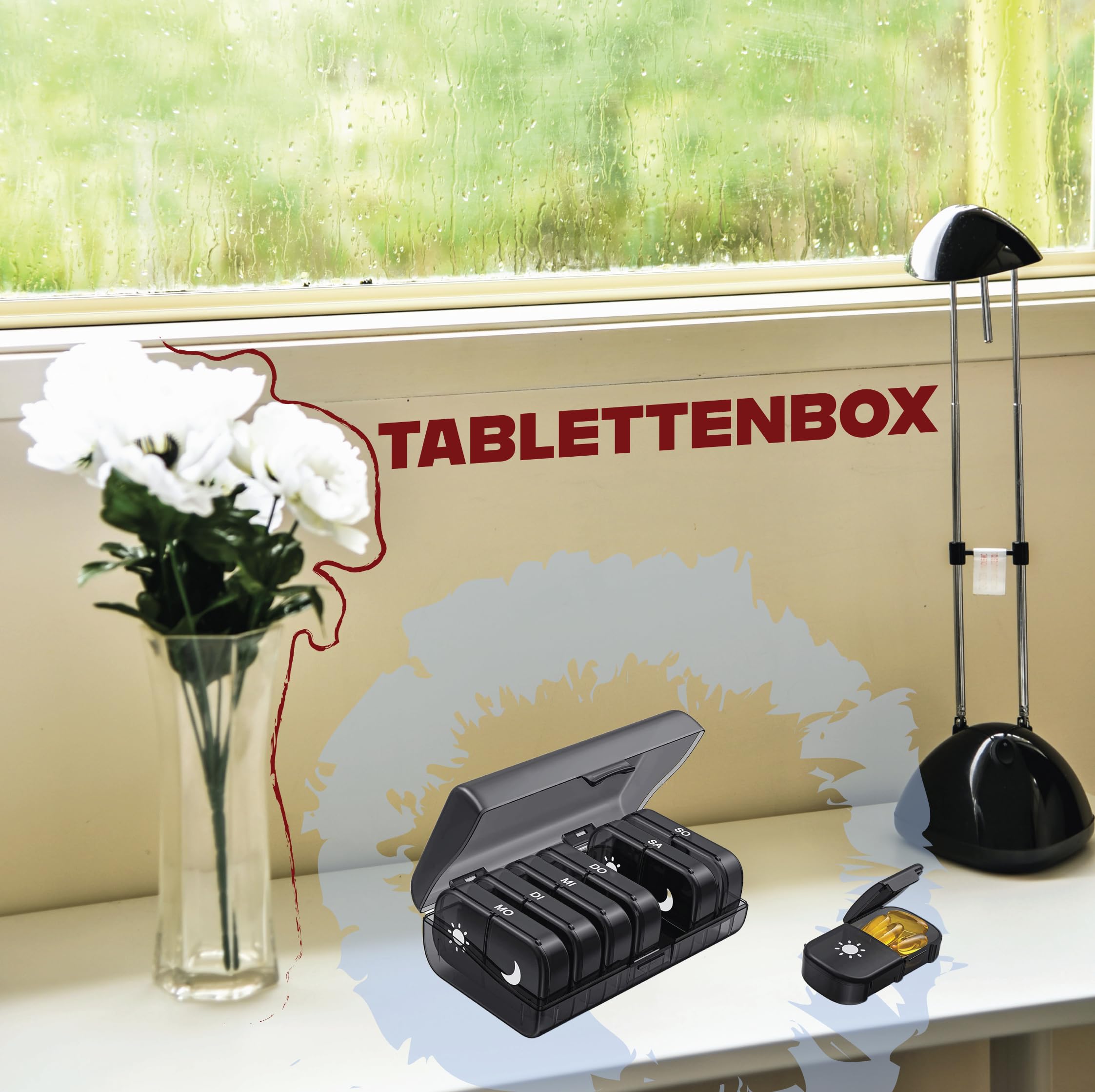Pastillero – 7 días – 2 compartimentos – día y noche – para tabletas, cápsulas y vitaminas – negro