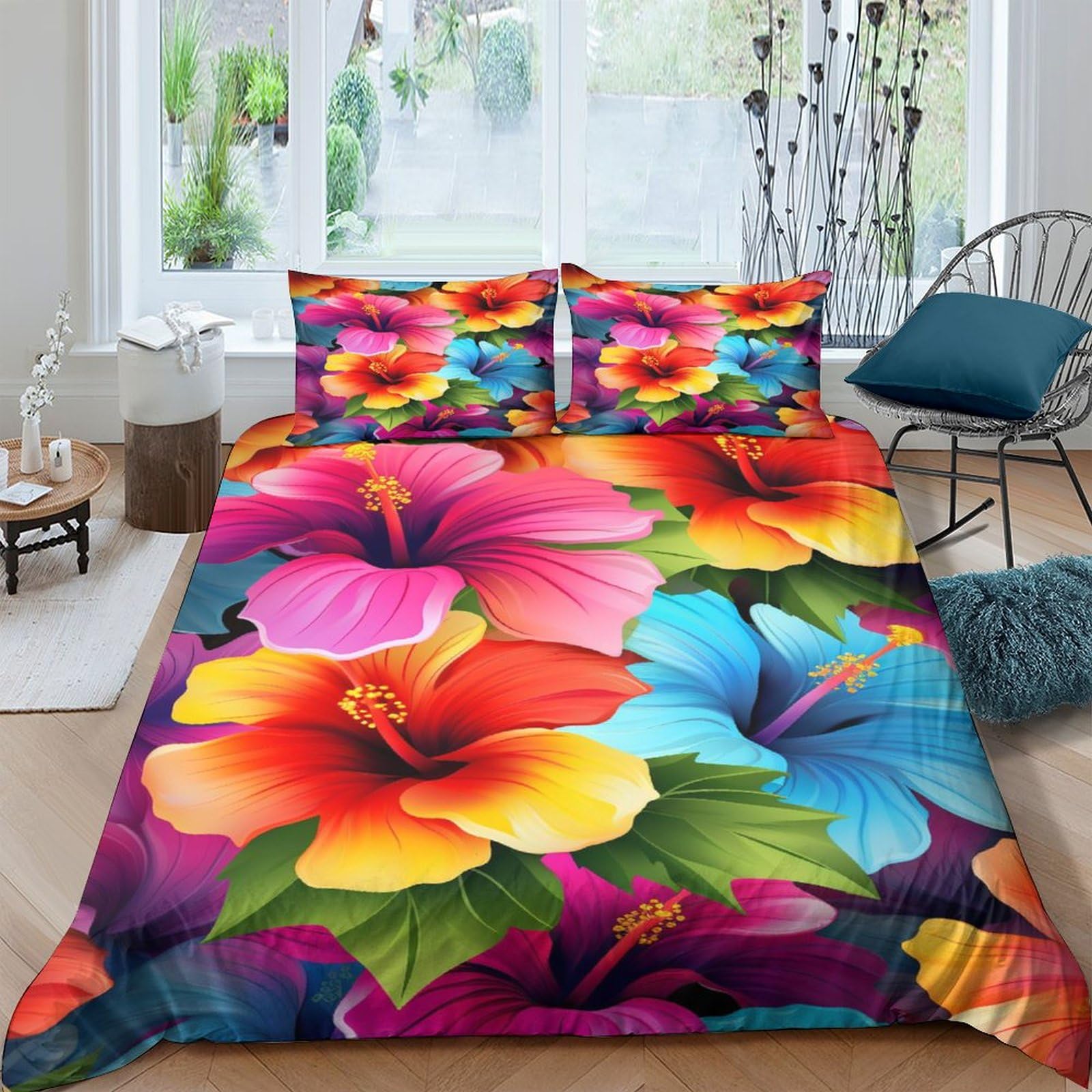 GAOYUCHUN Hibiscus Flowers Duvet Cover Sets 3 PCS Hotel Quality Quilt Cover Bed Sets Bed Covers with Pillowcases with Zipper Closure Breathable Stylish Comforter Double（200x200cm）
