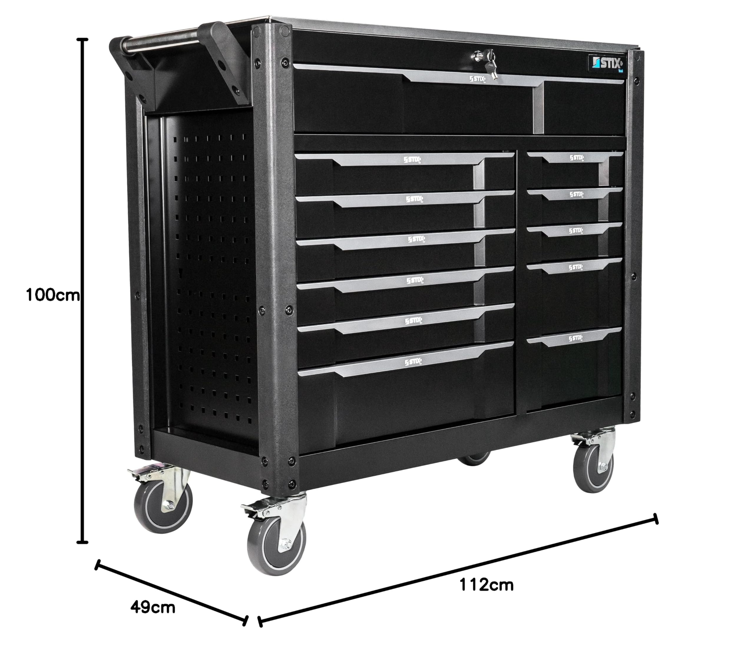 Stix Carro de herramientas UltimatePro D12 – 12 cajones, encimera de acero inoxidable, armario de herramientas con cerradura, ruedas giratorias y paredes perforadas para taller e industria