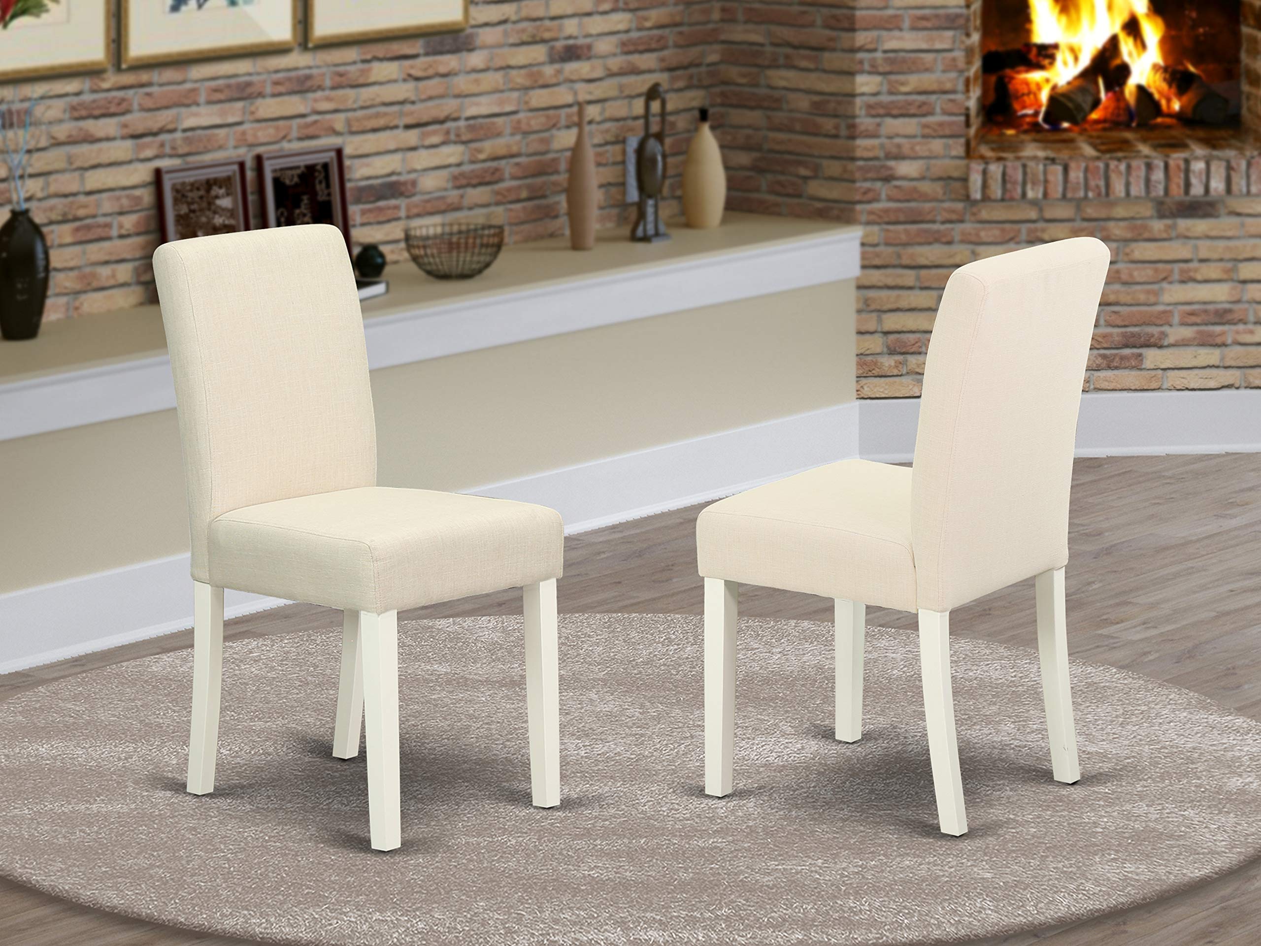 East West Furniture Dining Chairs Set - Comfortable Light Beige Linen Fabric, Solid Wood Linen White Finish Legs Modern Pa...