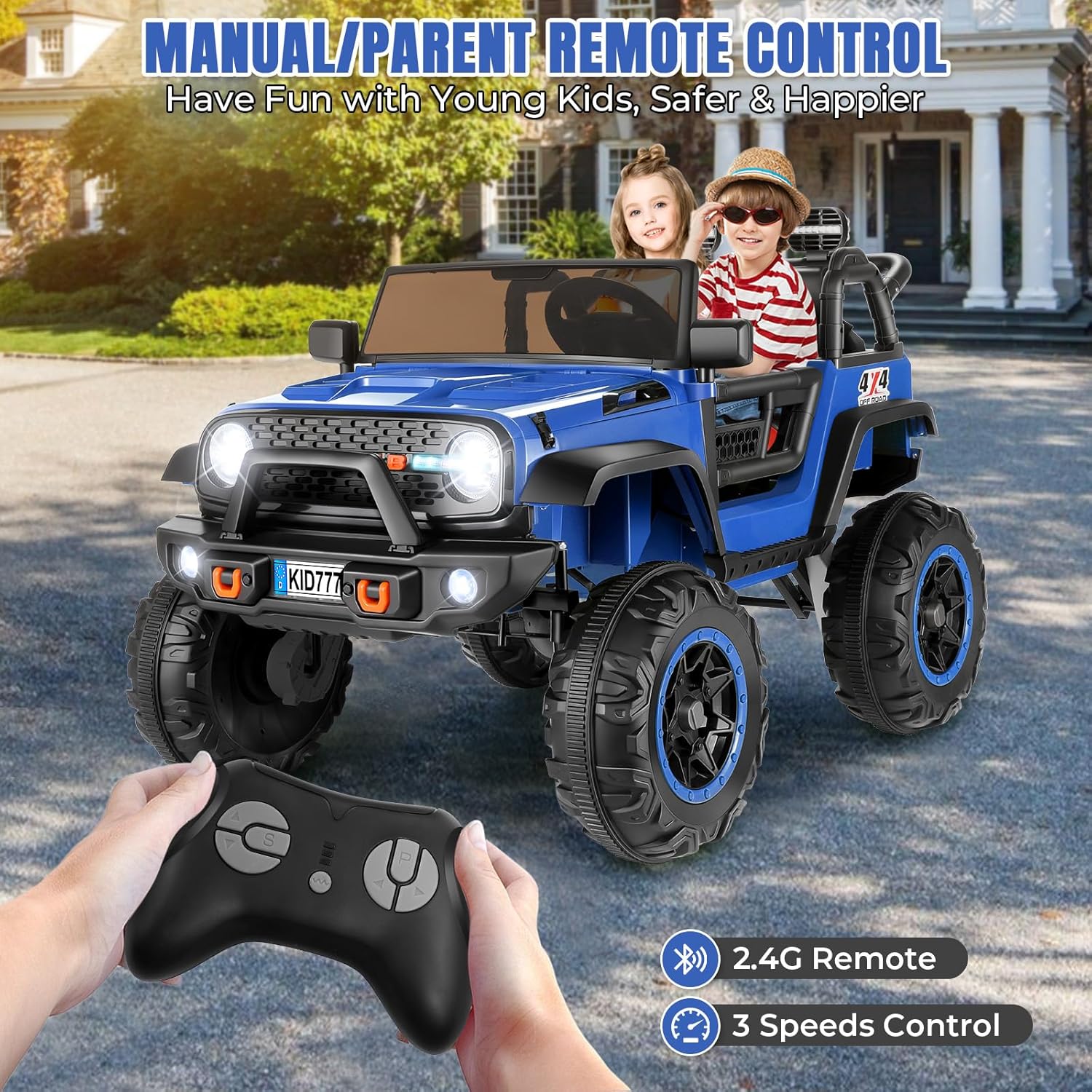 Hikole 24V 2 Seater Ride on Car for Kids, 4WD Ride on Toys with Remote Control, Powered Wheels, 20" XL Wide Seat, Music, Soft Start, Spring Suspension, Electic Cars for Kids 4-8, Blue