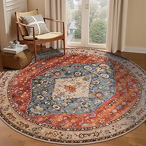 SERISSA Boho Round Area Rug, 6ft Washable Non-Slip Circle Rug, Ultra Soft Oriental Vintage Tribal Low-Pile Circular Carpet for Bedroom Entryway Kids Room Office College Dorm Living Room