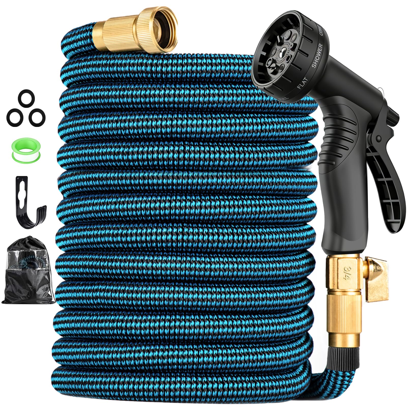 Expandable Garden Hose 100ft Water Hose with 10 Function Nozzle Flexible Expending Hose Kink Free,3-Layers Latex and 3/4 Solid Solid Fittings Retractable Collapsible Gardening Hose Pipe with Hook Blue