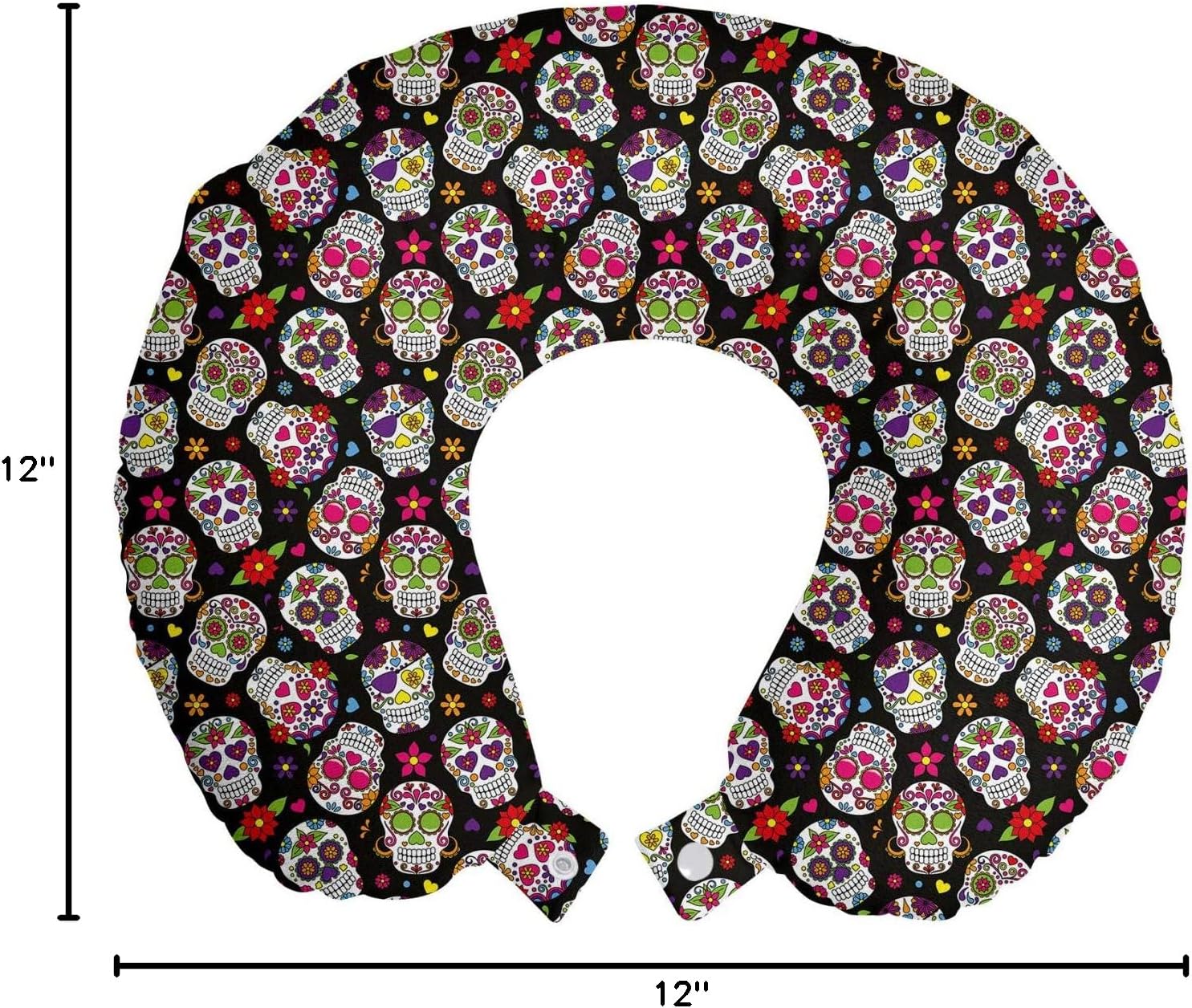 Ambesonne Sugar Skull Travel Pillow Neck Rest, Graveyard Mexico Design on Black Backdrop Print, Memory Foam Traveling Accessory for Airplane and Car, 12", Black Green