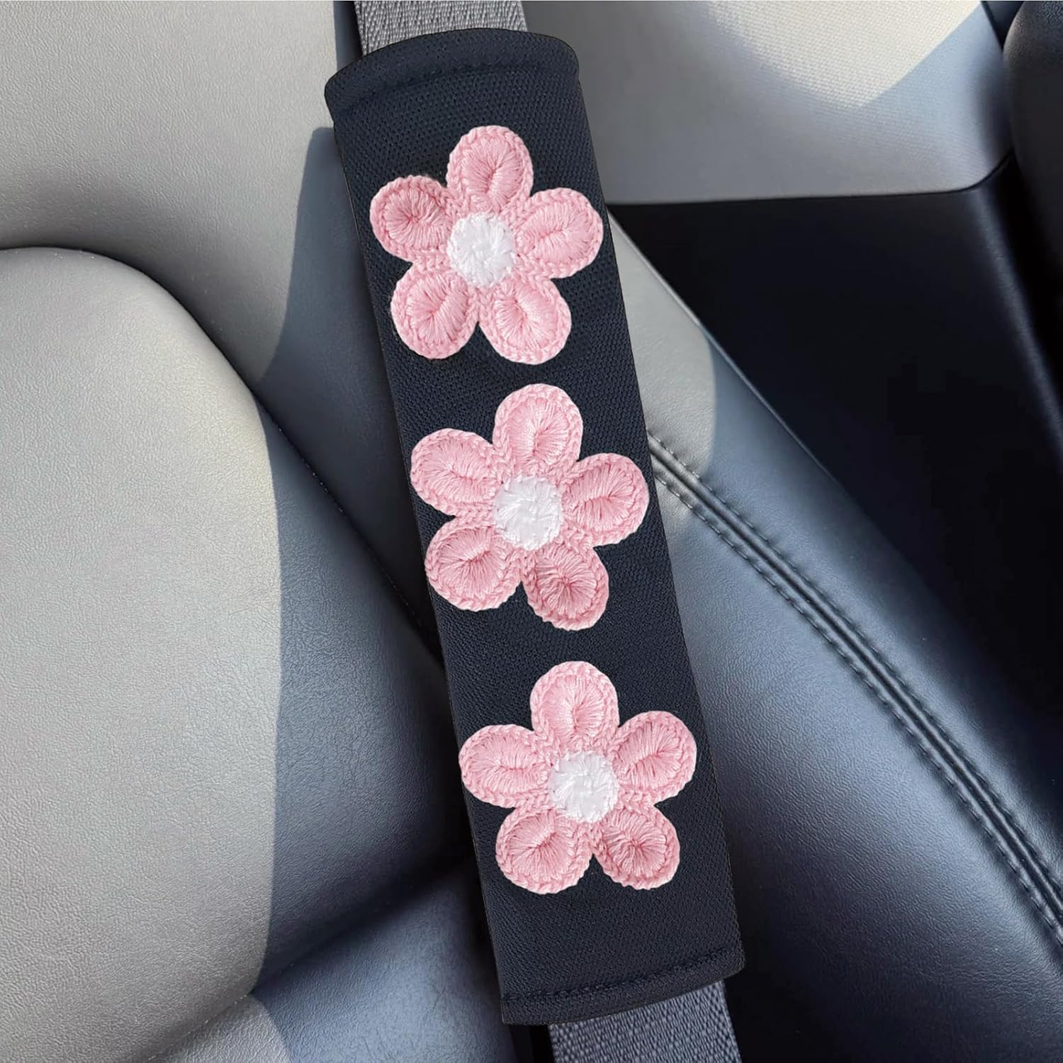 Cute Flower Car Seat Belt Shoulder Pad Cushions (2 in a Pack), Car Accessories Seat Belt Shoulder Strap Protector Universal Cover (Pink) image 3
