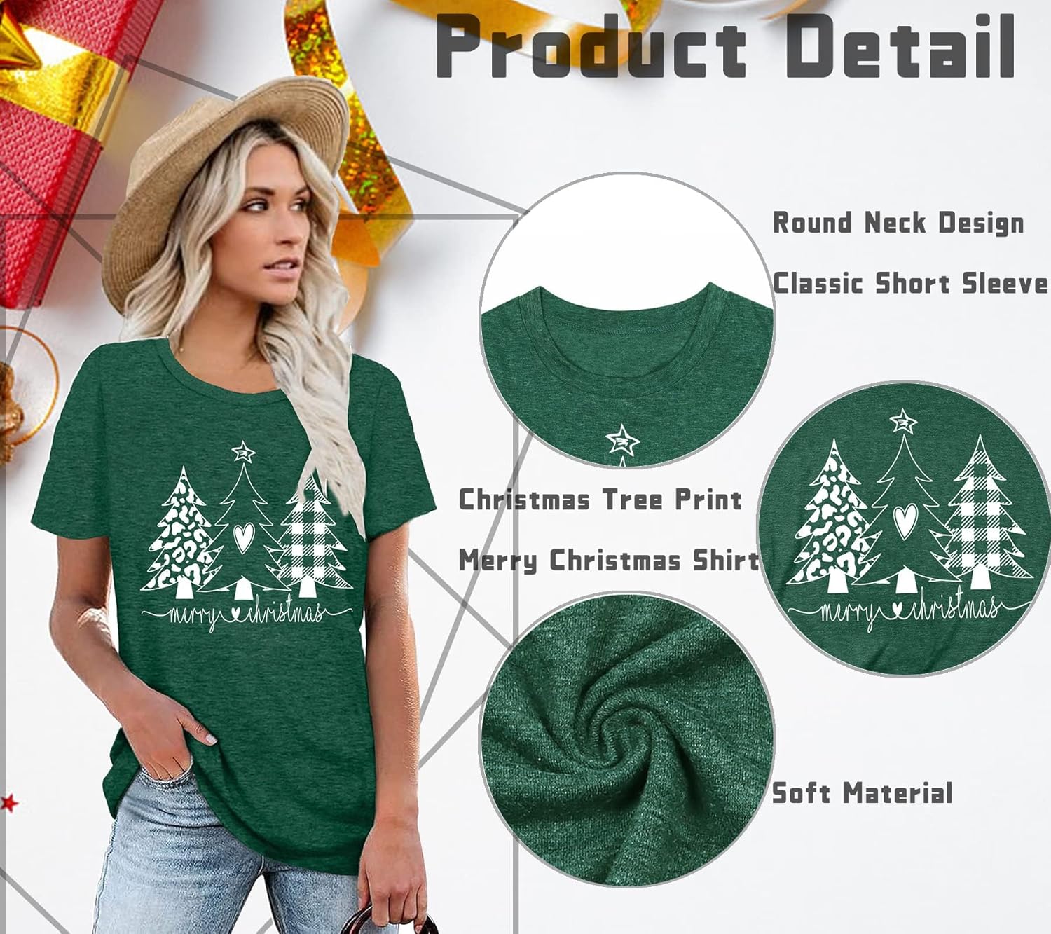 Christmas Tree Shirt for Women Merry Christmas Printed T-Shirts Short Sleeve Holiday Tee Xmas Gift Tops - Image 3