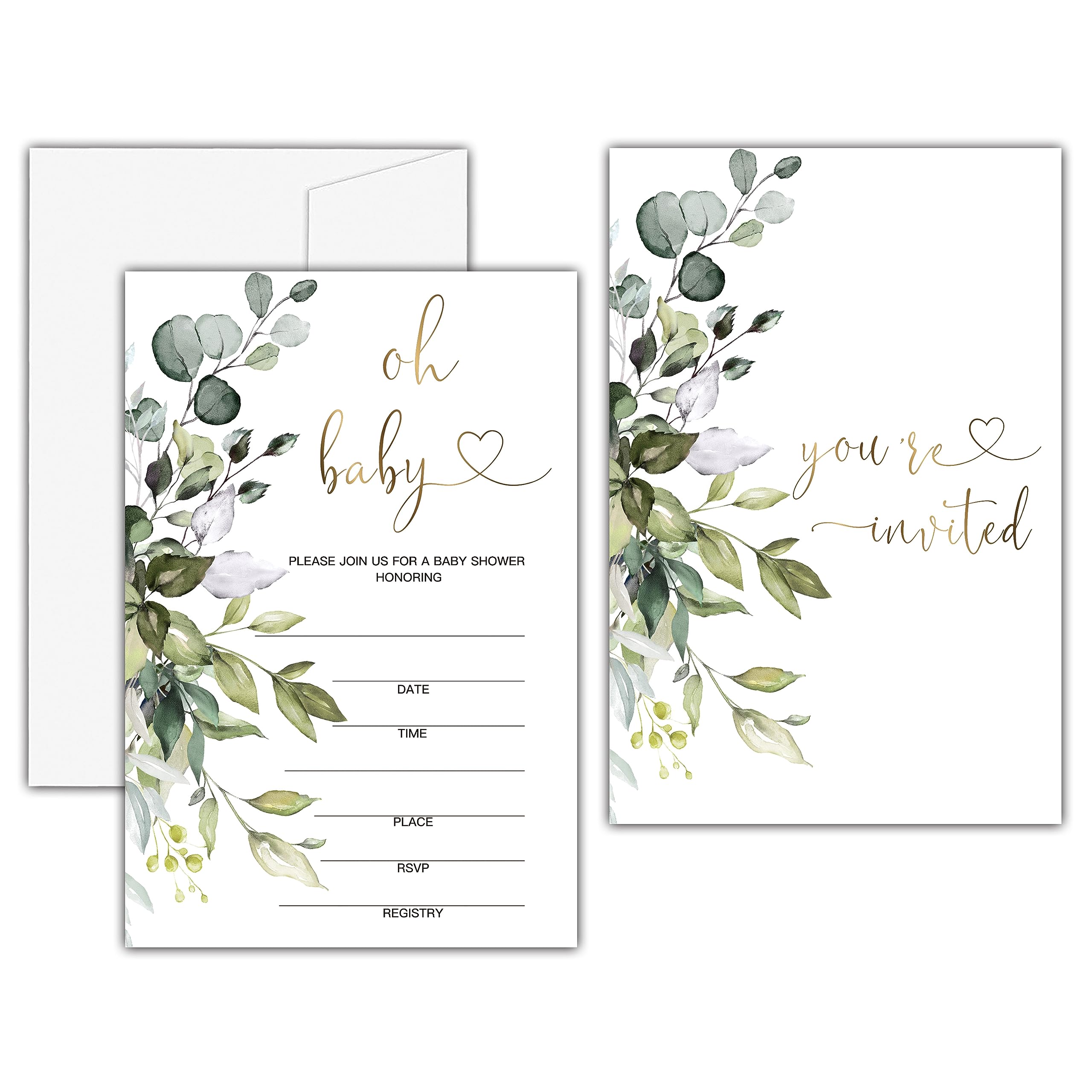 Elegant 'Oh Baby' Greenery Invitations (25 Sets) with Gold Foil Eucalyptus Design