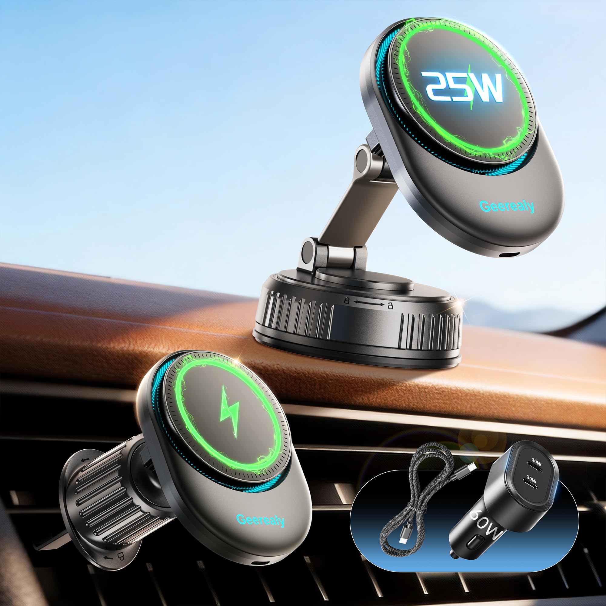 Photo 1 of for 25W MagSafe Car Mount Charger with Cooling Fan, Magnetic Wireless Car Charger, Suction Cup & Vent Attachment Phone Holder, 25W Fast Charging Car Cooling Phone Mount for iPhone 17/16,S26 Ultra