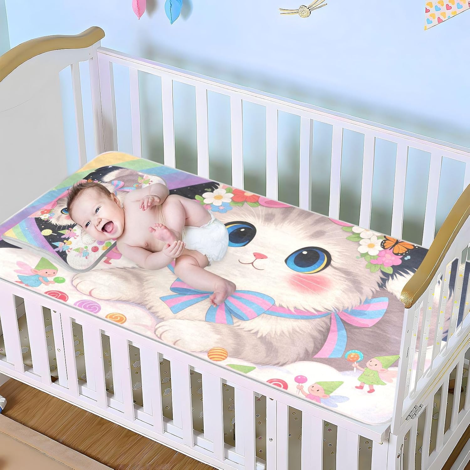 Cartoon Cute Cats Rainbow Cooling Baby Bed Mattress Protector 28" x 52" Breathable Bed Pads for Baby&Toddler