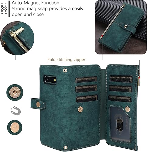 Miniatura 4 de UEEBAI Funda para Samsung Galaxy S10 Plus, 9 ranuras para tarjetas, cartera de cuero retro, a prueba de golpes, con correa de mano, ranuras para